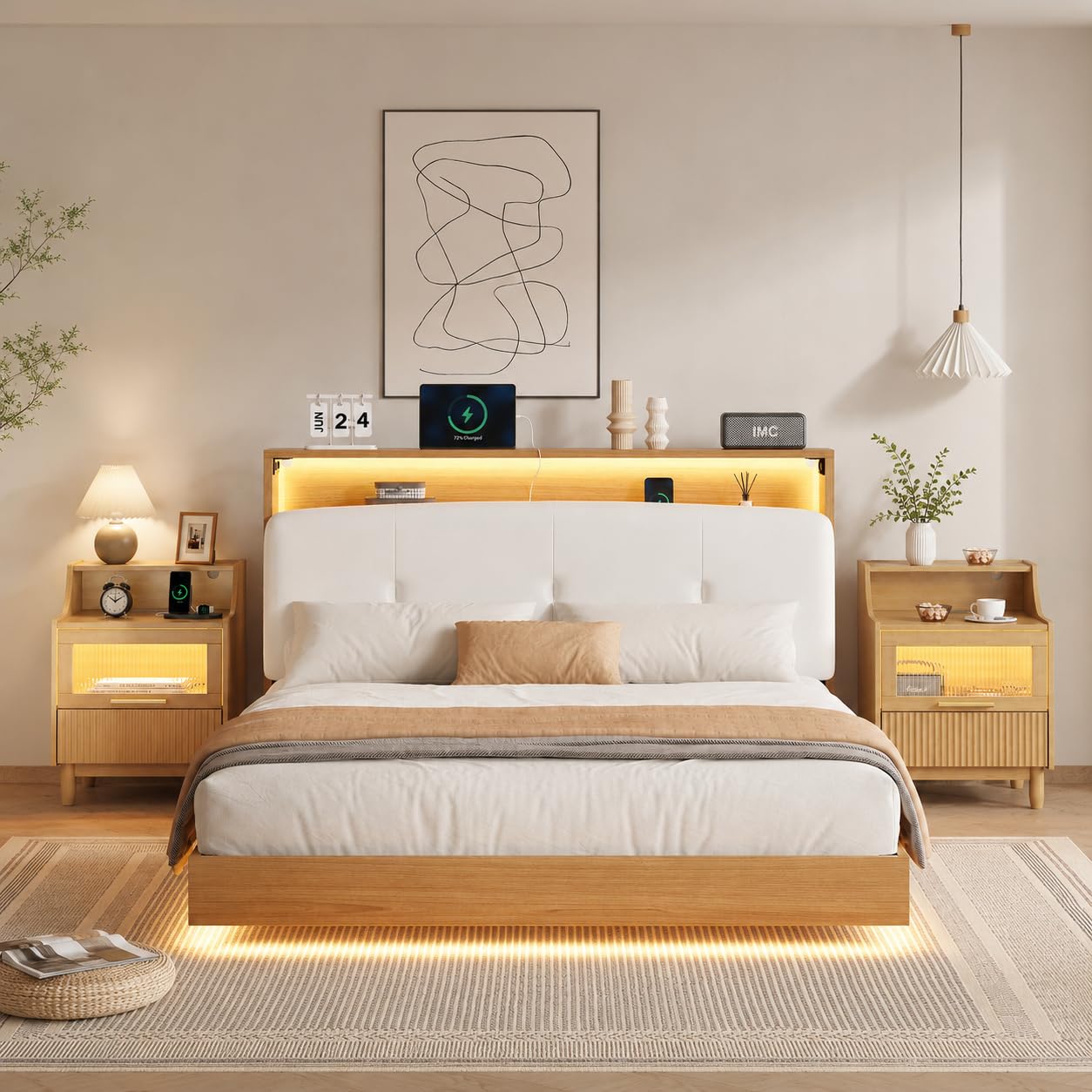 Einhomn Nightstand Set of 2 with Charging Station & LED Light, Fluted Beside Table with Drawer & Transparent Storage, Side Table for Living Room, Narrow Bedside Table for Bedroom Small Space, Natural