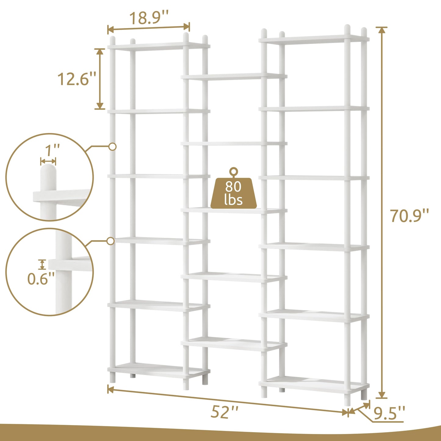 IOTXY Wooden Triple Wide Bookshelf - 6-Tier Large Shelf Bookcase with Solid Beech Frame, Tall Freestanding Open Etagere Display Rack for Home Office, White