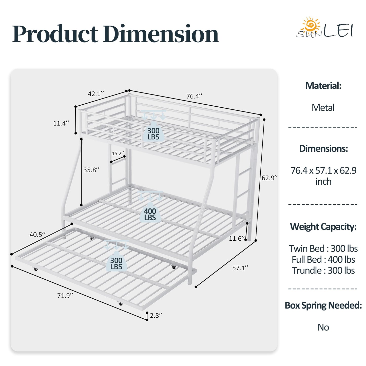 SUNLEI Metal Loft Bed with 2 Secured Ladders, Bunk Bed Twin Over Full with Trundle, Trundle Beds Twin Safety Guard, for Small Bedroom Noise Free (Twin Over Full, Metta Classic White)