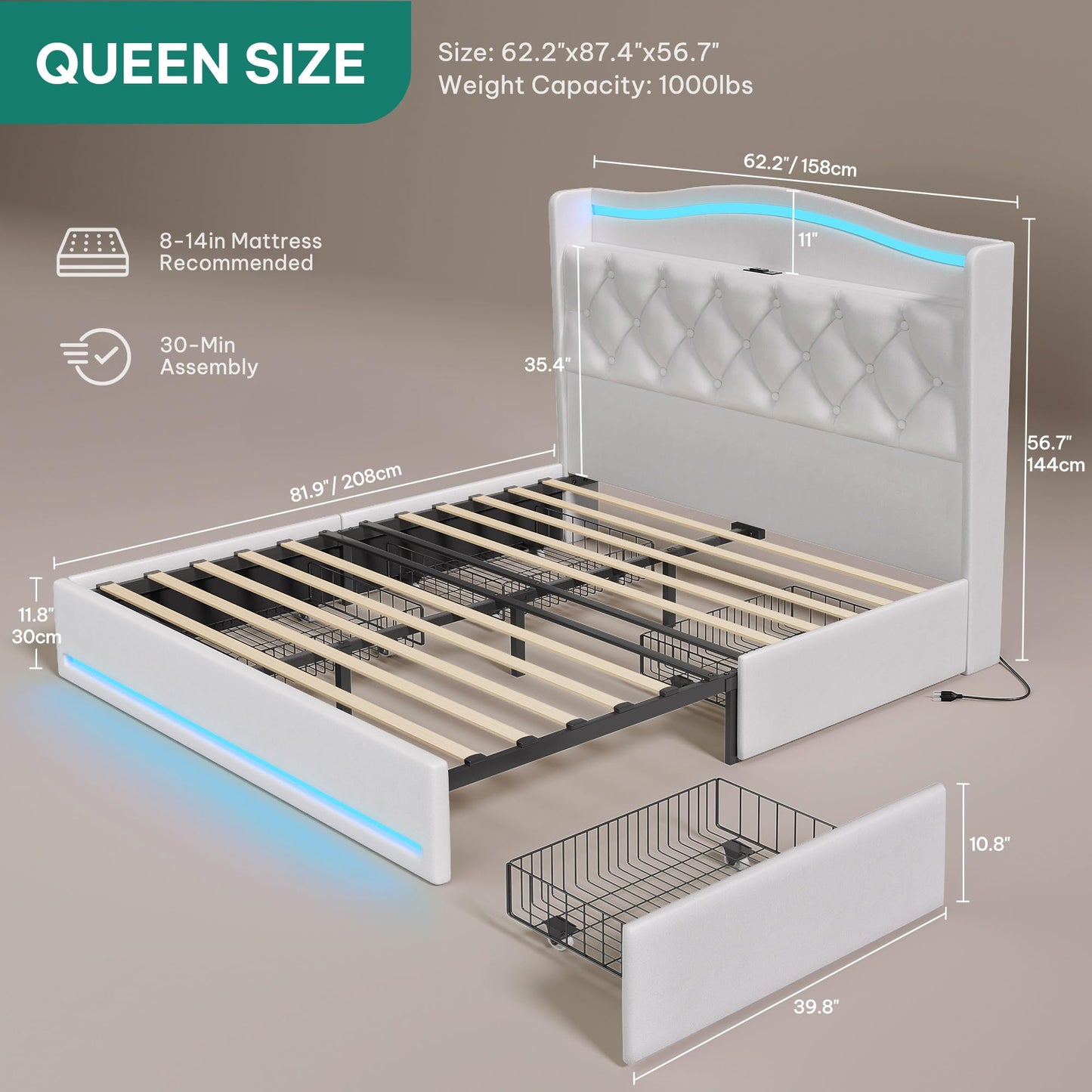 YITAHOME Queen Size Bed Frame with 4 Storage Drawers and RGB LED Lights, 57'' Tall Headboard Velvet Upholstered Bed with Charging Station, No Box Spring Needed, Easy Assembly, Noise-Free, White