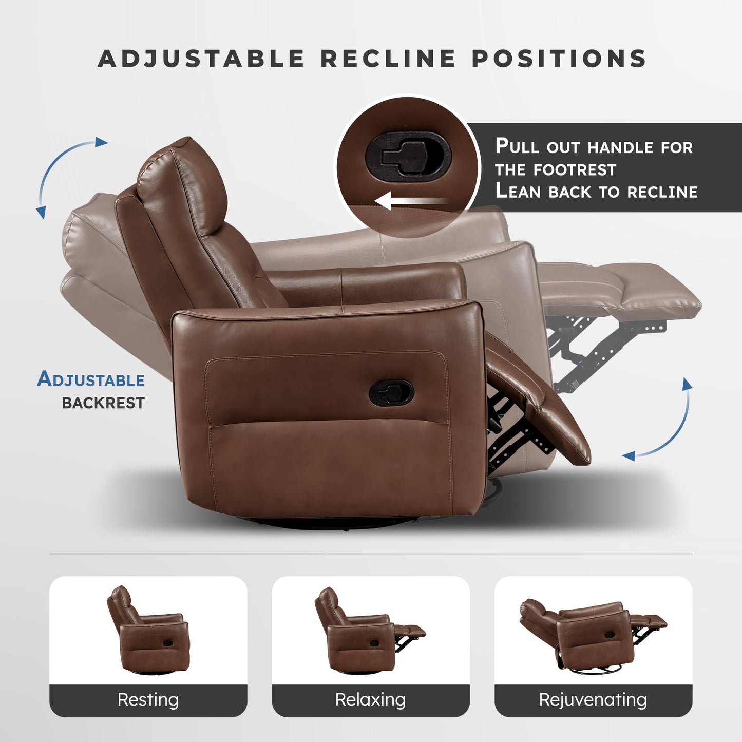 Lexicon Swivel Glider Reclining Chair, Top Grain Leather Match Manual Recliner, Comfy Nursery Glider Recliner, Swivel Reclining Chair for Living Room/Office/Bedroom/Apartment, Toffee Brown