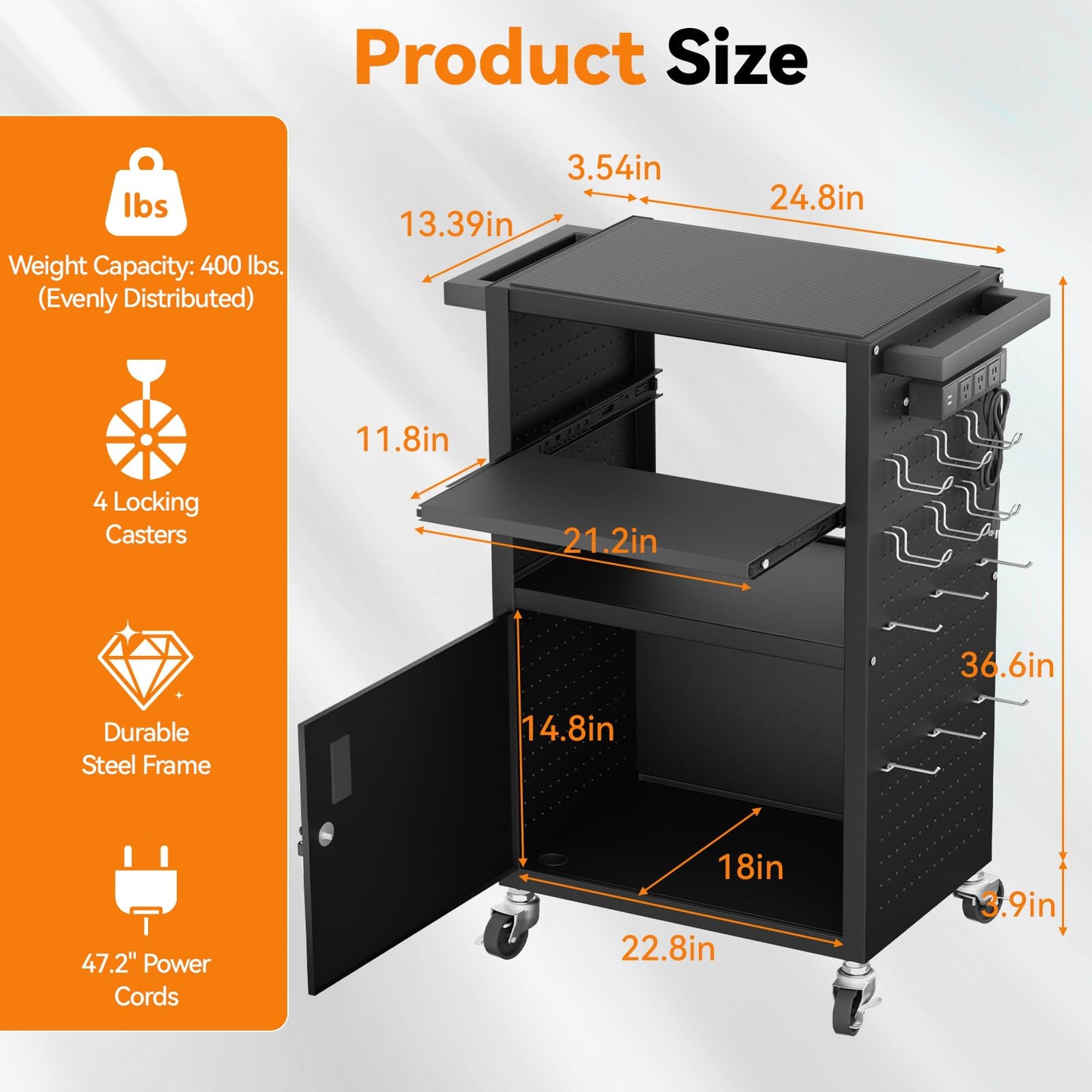 Jasdego Mobile AV Cart - Heavy Duty Computer Cart with Cabinet, Rolling Media Cart with 4 Outlets & Pullout Keyboard Tray, Lock Brake Wheels Mobile Computer Workstation, Customized Pegboard & Hooks