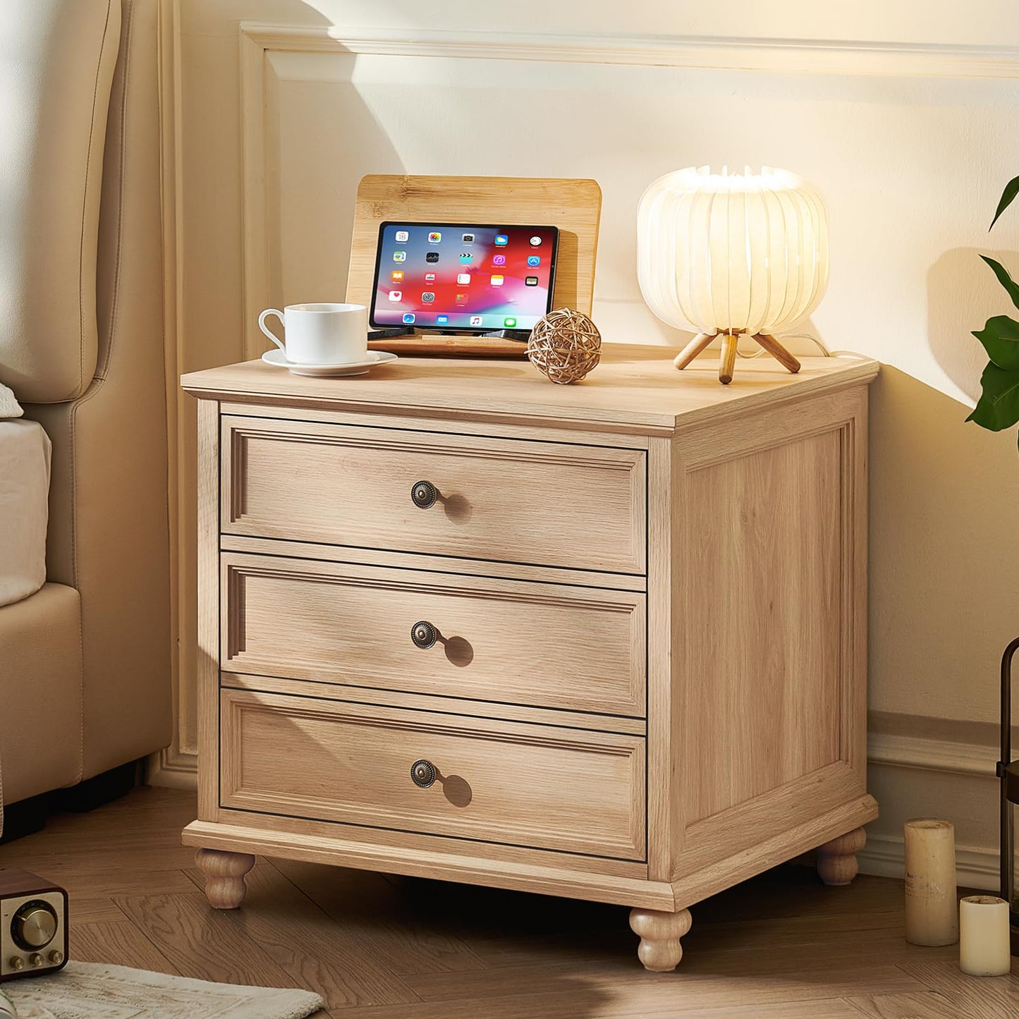 Joaxswe 24" Wide Farmhouse Night Stand Set of 2,Large End Table with 3 Drawers & Metal Handle,Natural Wood Dresser for Bedroom Cabinet, Bed Side Table Chest of Drawers,Nightstand for Living Room