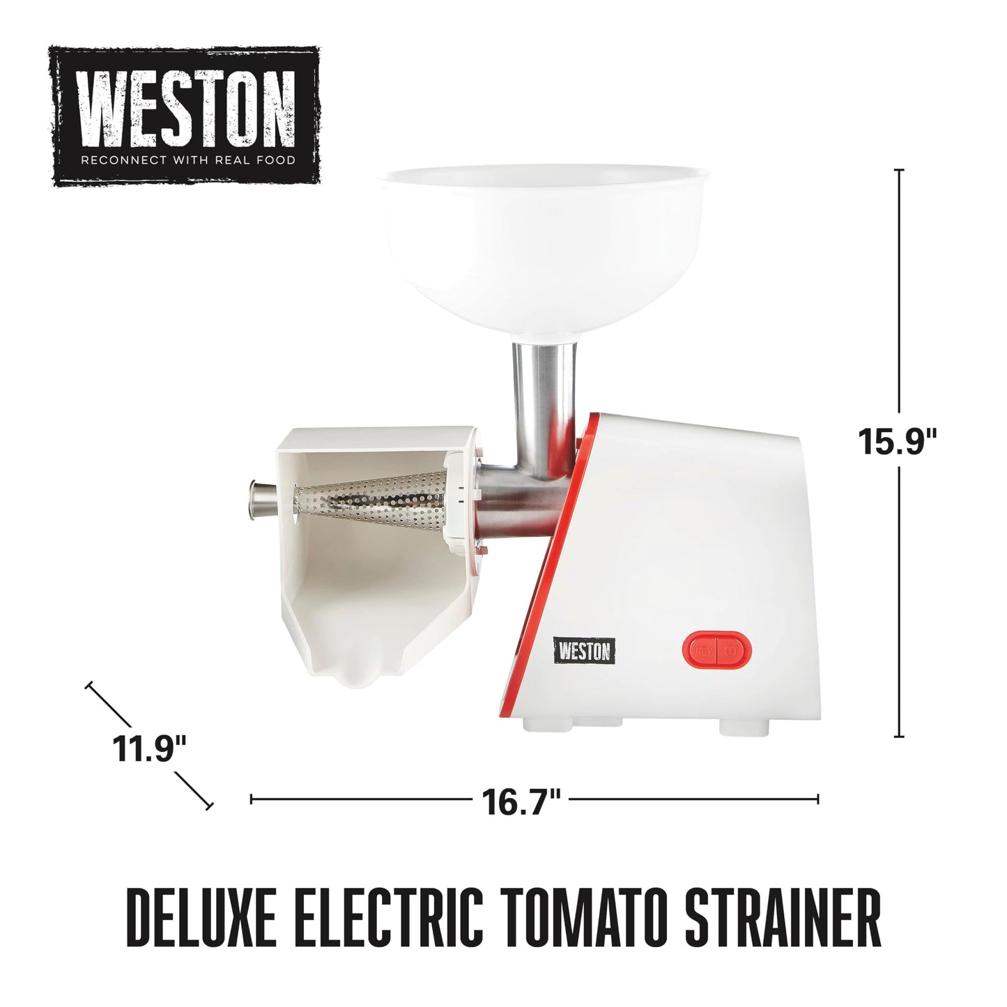 Weston Deluxe Electric Tomato Strainer, Food Mill, Sauce Maker for Salsa, Fruits, Apples, Berries, 4 Quart (82-0250-W)