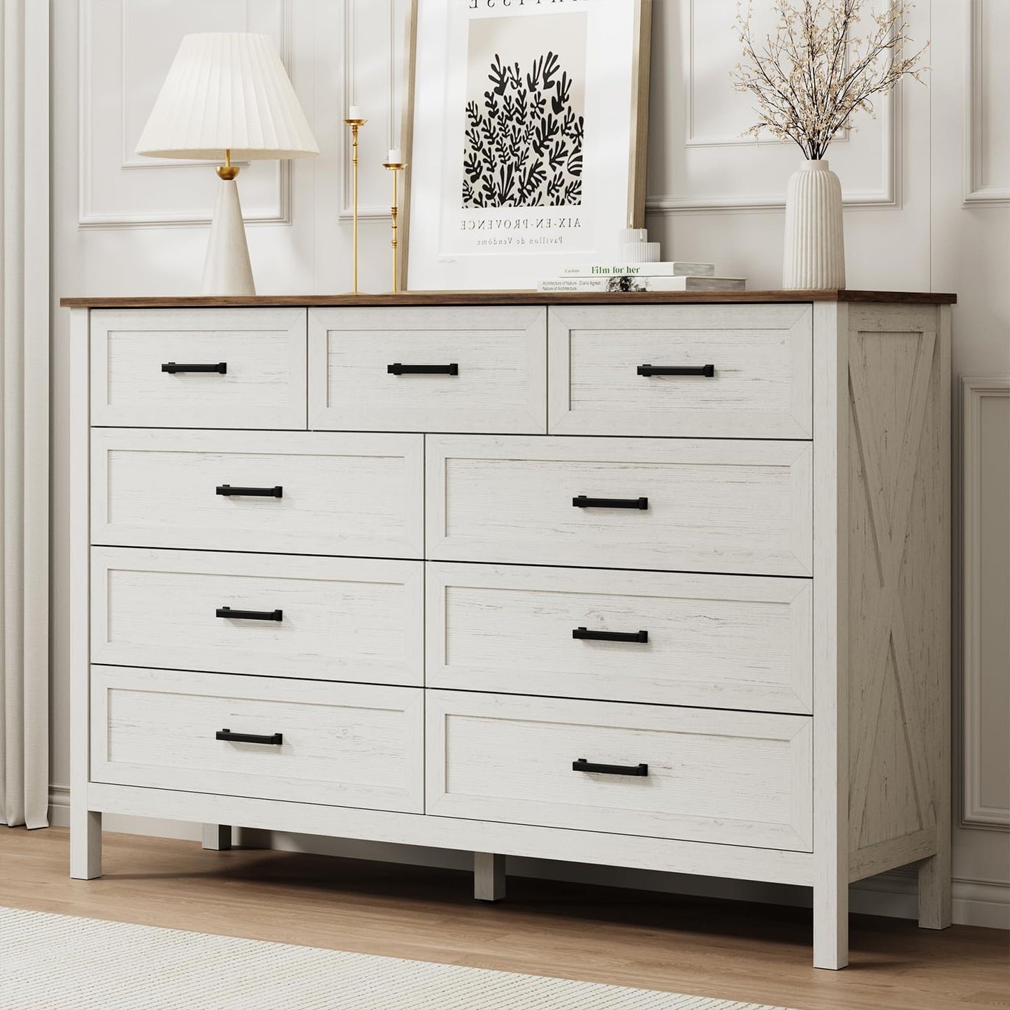 LYNSOM Farmhouse 9 Drawer Dresser for Bedroom, 55 Inch Wide Wood Rustic Chest of Drawers with X-Marking & Bar Handle, Large Storage Dressers Organizer for Bedroom, Living Room, Antique White