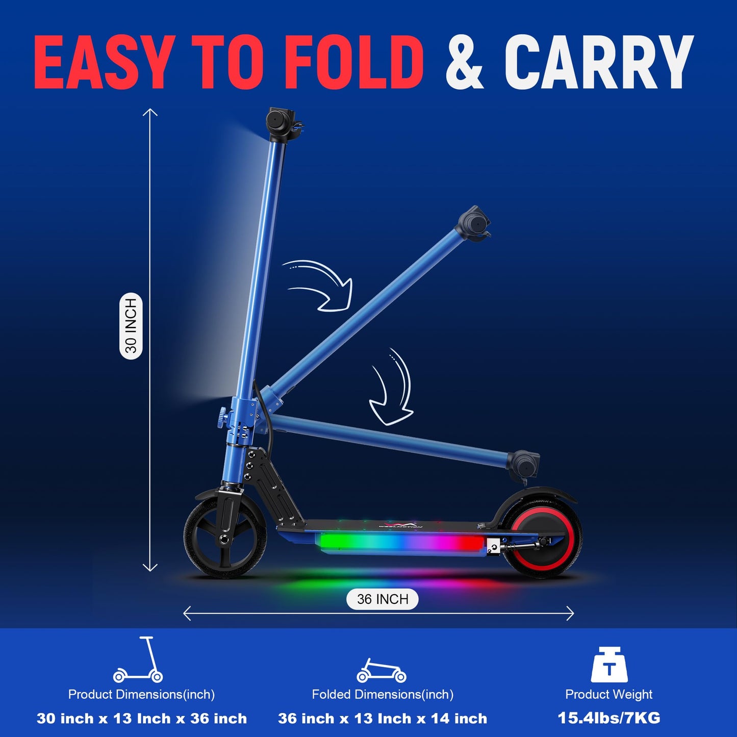 WEELMOTION Foldable Electric Scooter for Kids, with Head Lights, Bright Front Bar Lights, Shining Pedal, LED Display, Dual Brakes 150W Motor Kids Electric Scooter, UL2272 Approved Blue