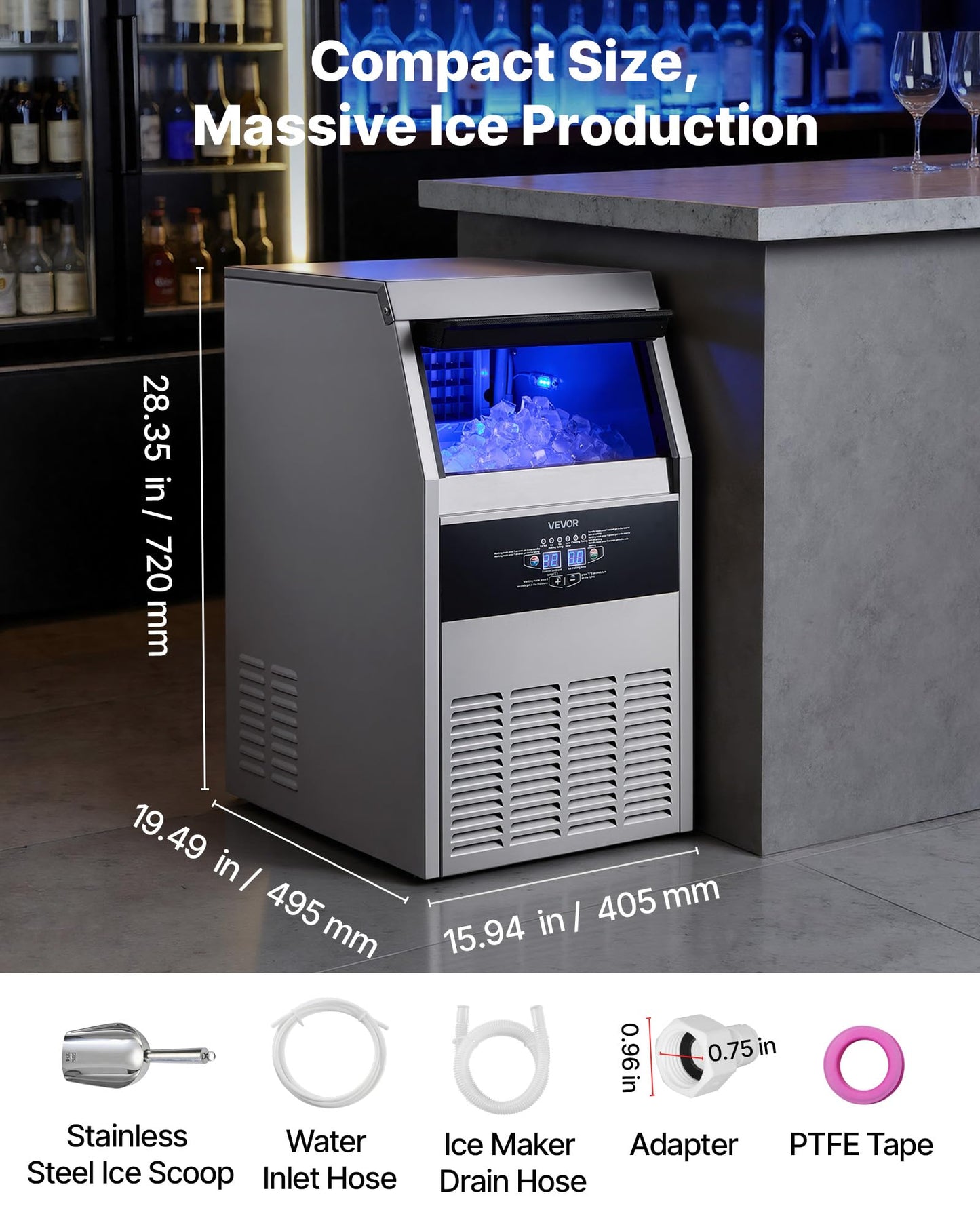 VEVOR Commercial Ice Maker Machine, 160 lbs/24h with 30 lbs Storage Capacity, Built-in/Freestanding/Under Counter, Stainless Steel Ice Maker with LED Display & Self-Cleaning, for Home Bar Restaurant