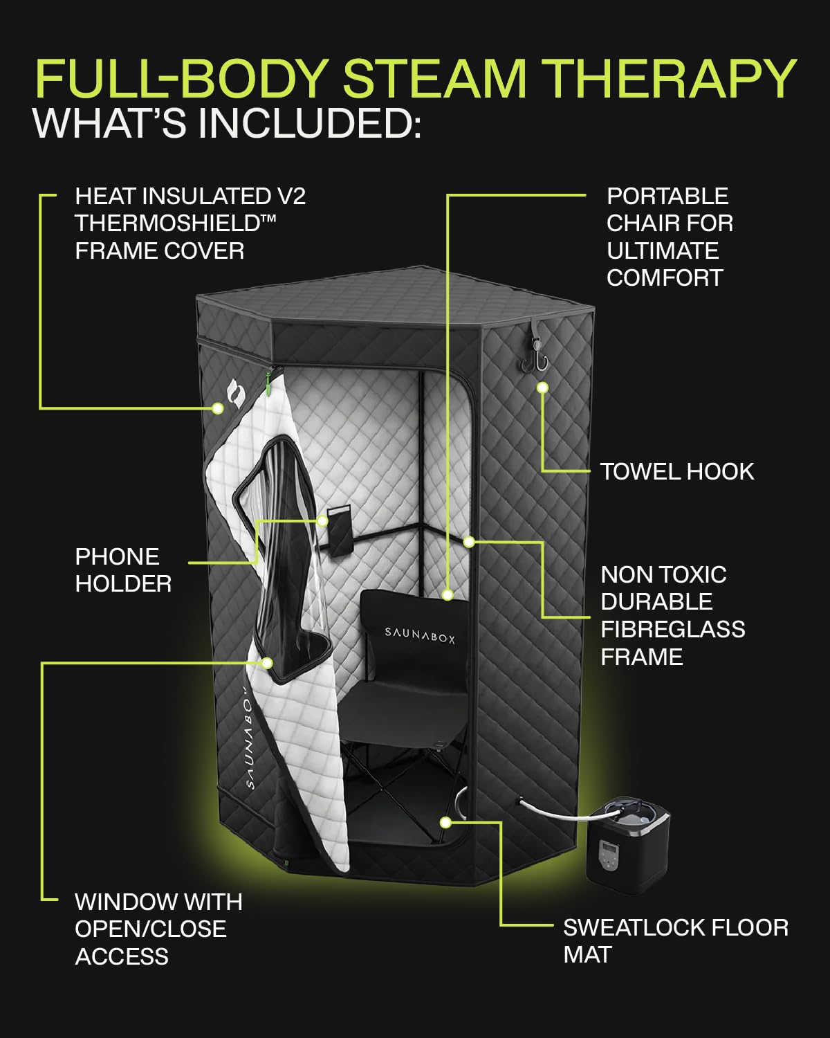 SAUNABOX® SmartSteam Kit Pro Portable Steam Sauna | Home Sauna Tent with Chair & Mat | Full Body Steam Therapy for Relaxation & Recovery | VOC-Free Materials