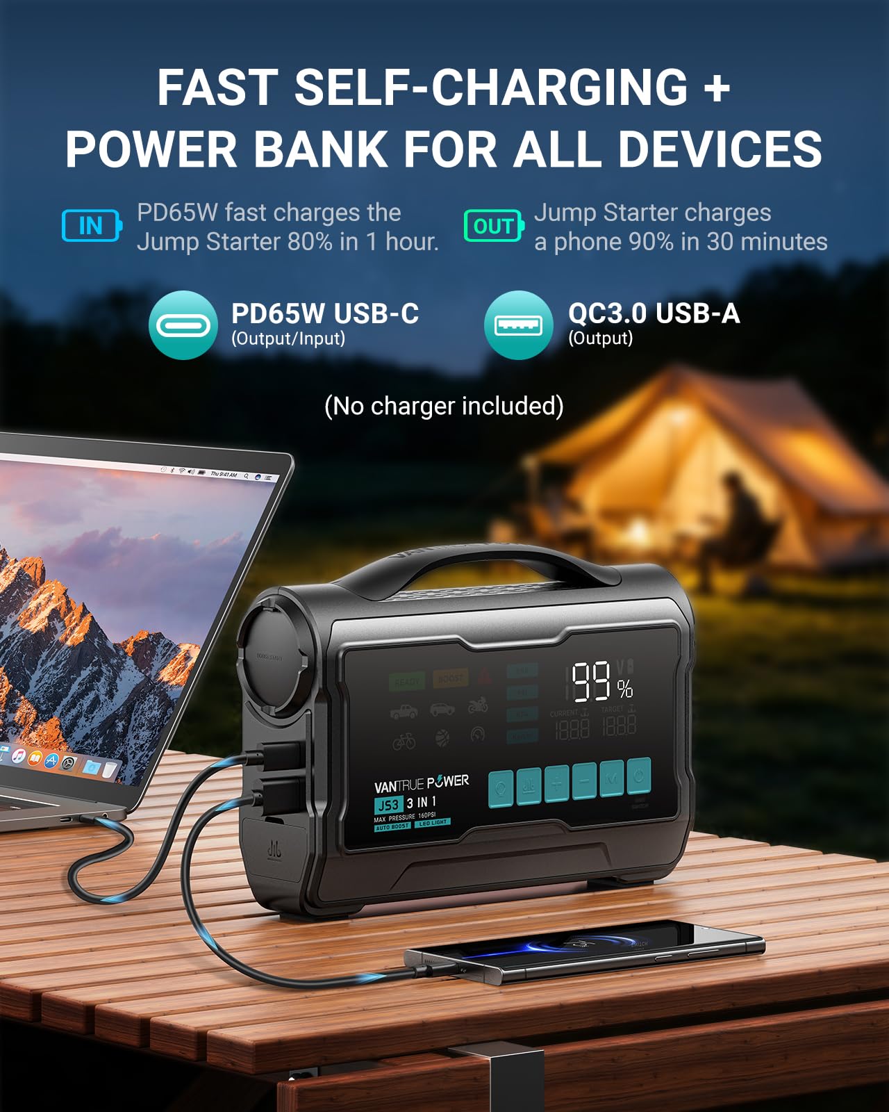VANTRUE POWER JS3 Real 3250A Jump Starter with Air Compressor 160PSI, 12V Car Battery Booster with Display, Jump Box with Light, Support 65W Fast Charging Power Bank, 10L Gas/8L Diesel Engines