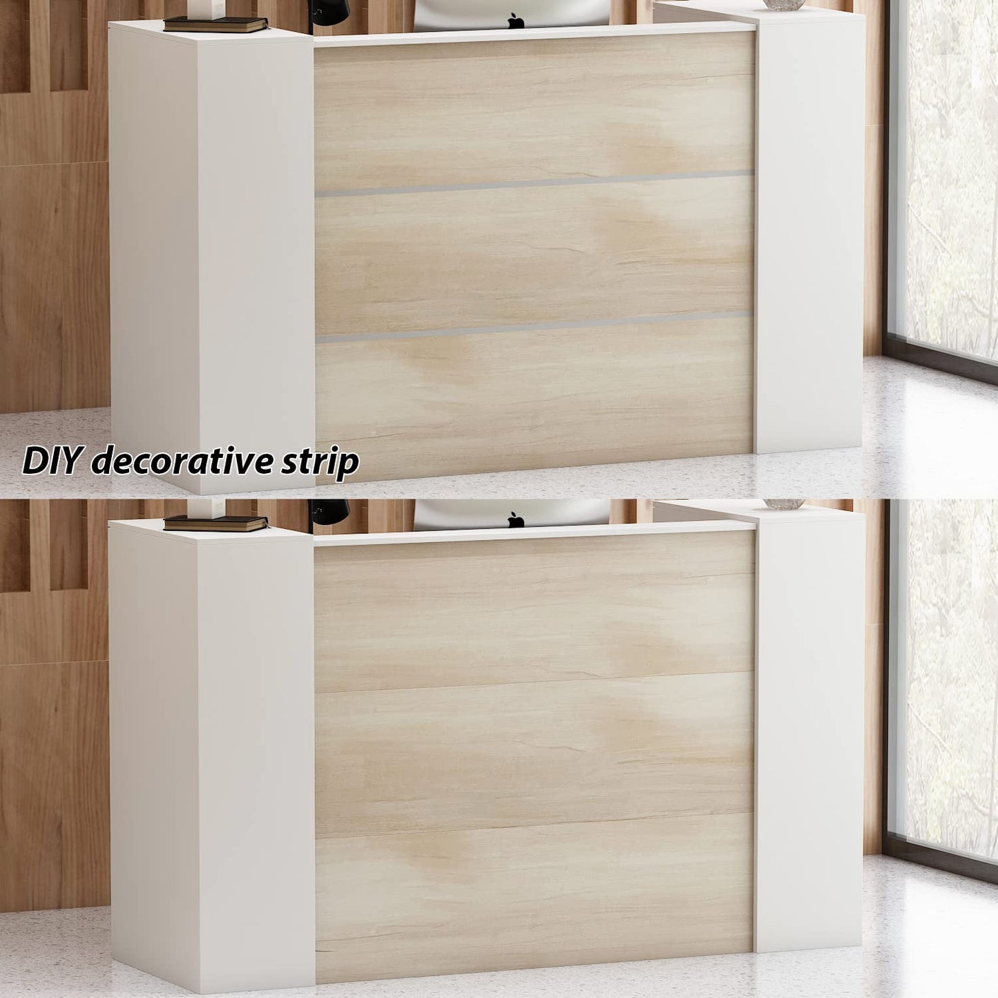AIEGLE Large Reception Desk with Counter, Retail Counter with Private Lockable Storage & Adjustable Shelves, for Salon Reception Room Checkout Office, Natural and White (70.9" W)