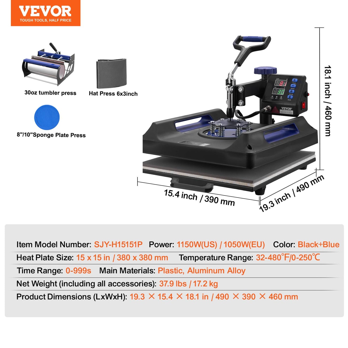 VEVOR 5 in 1 Heat Press Machine, Heat Transfer Machine with 30 oz Tumbler Press, 15 x 15 inch, 360° Swing Away T-Shirt Pressing, Fast Even Heating, for T-Shirts/Mugs/Plates/Hats, Black+Blue