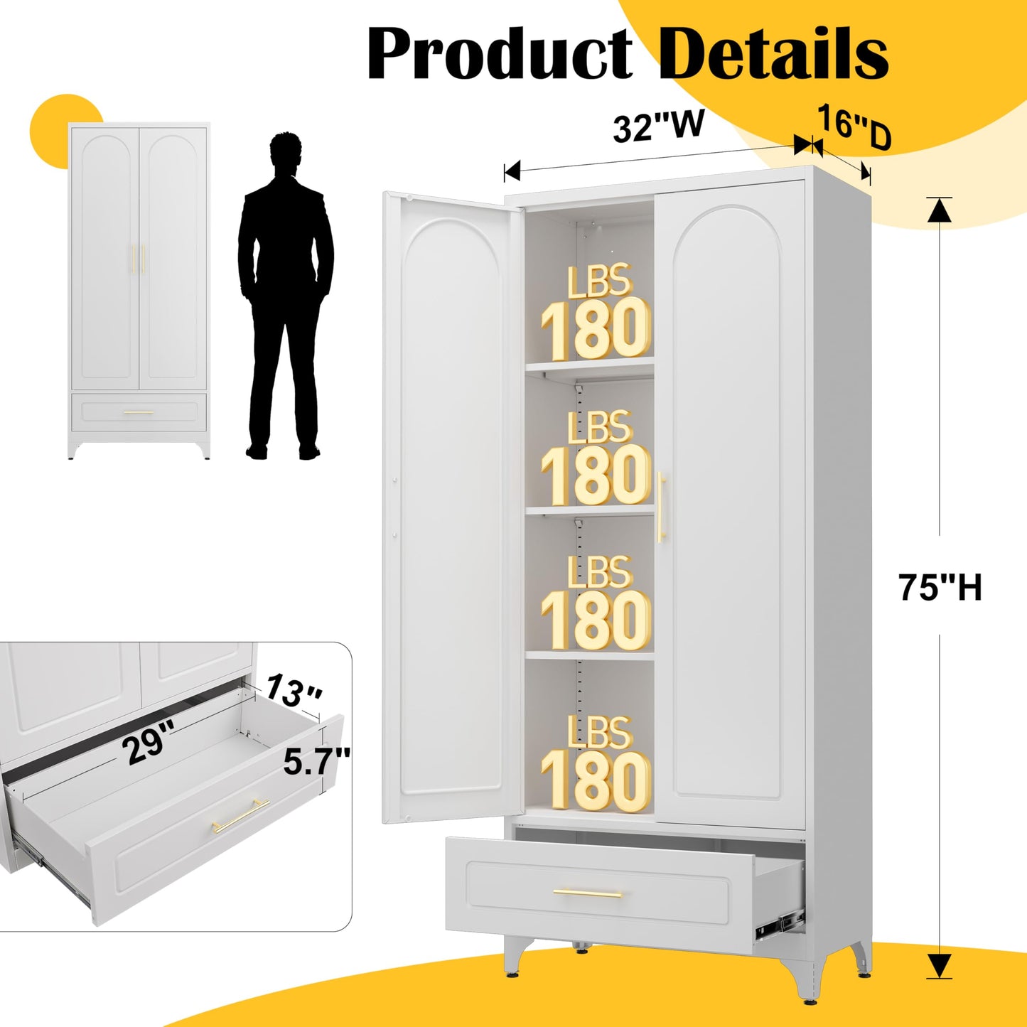SteeLoong Metal Storage Cabinet with Drawers,75Inch White Pantry Cabinets for Kitchen Storage with 3 Adjustable Shelves,Tall Kitchen Pantry Cabinet for Living Room, Dining Room Office