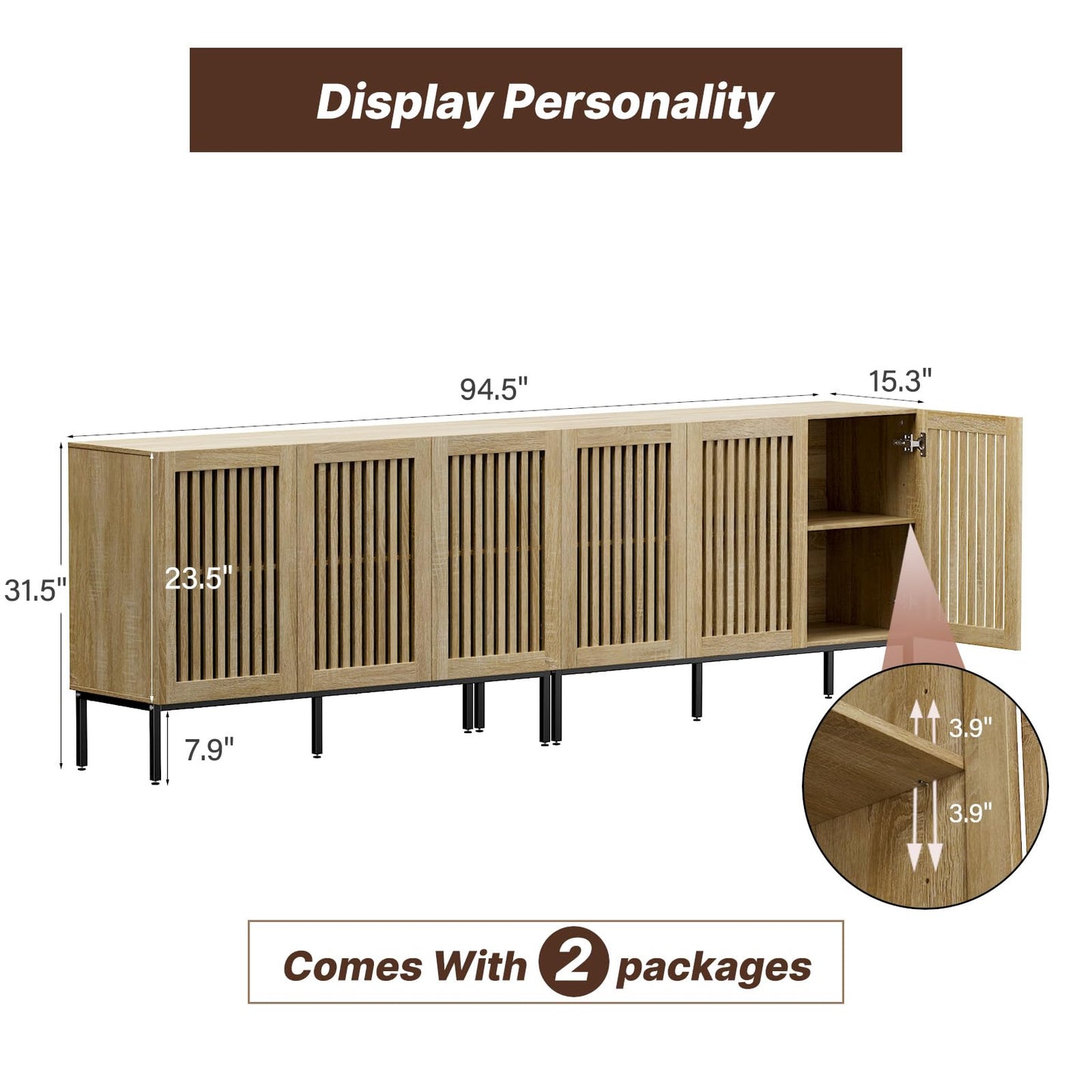 BVIUNTWO Buffet Cabinet with Storage,Set of 2 Farmhouse Console Table with Metal Base and Adjustable Shelves,Sideboard Coffee Bar Cabinet with 6 Doors for Kitchen,Dining Room,Living Room,Oak