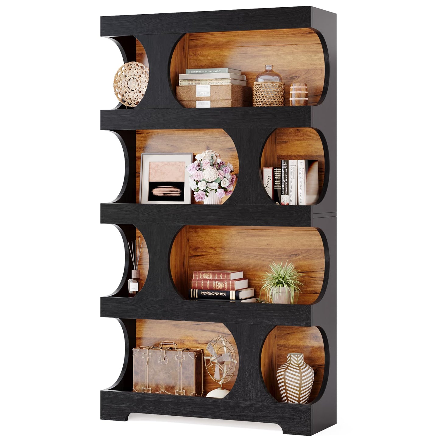 Tribesigns 71" Tall Bookcase, 4-Tier S-Shaped Bookshelf, Wood Decorative Storage Shelving, Modern Freestanding Display Shelves, Large Library Book Shelf Unit for Home Office Living Room, Black & Brown