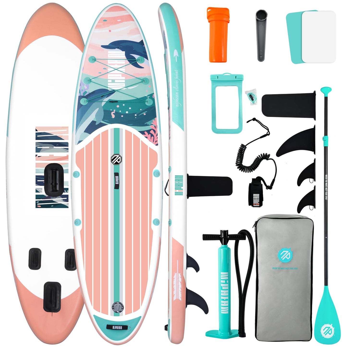 Niphean Inflatable Stand Up Paddle Board with SUP Accessories, Anti-Slip EVA Deck, 10’6’’ Inflatable Paddle Boards for Adults & Youth of All Skill Levels (Dolphin Dreamscape)