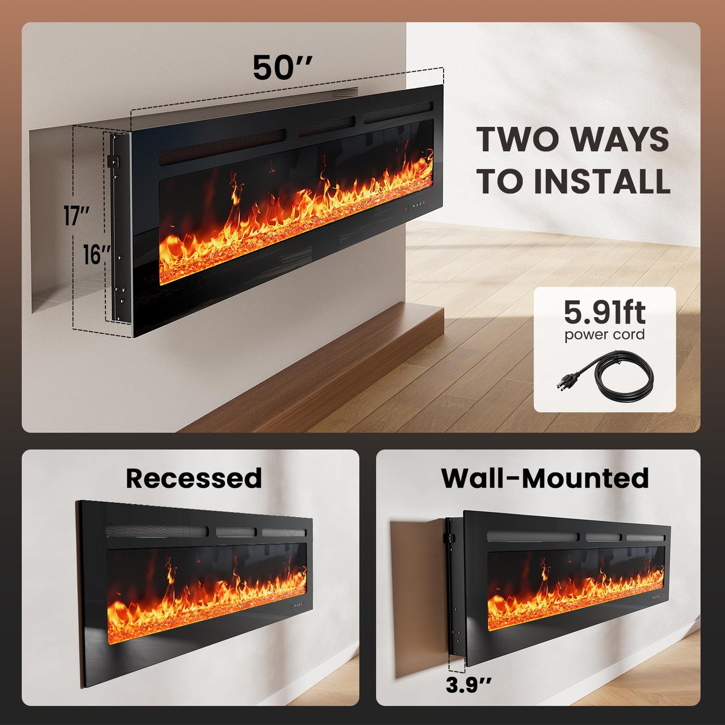 Silonn 50″Smart Electric Fireplace Heater with App & Remote Control, 4777 BTU Heat Output, Ultra-Slim Wall-Mounted or Recessed Electric Fireplace Inserts with Timer, 20 Flame Colors,WiFi Enabled