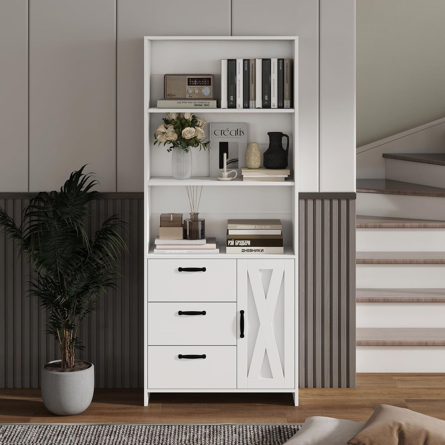 Garvee Bookshelf with Doors and 3 Drawers, 71" Tall Bookcase with 3-Tier Open Shelves, Wooden Book Shelf for Home Office, Living Room, Entrance, Hallway, White