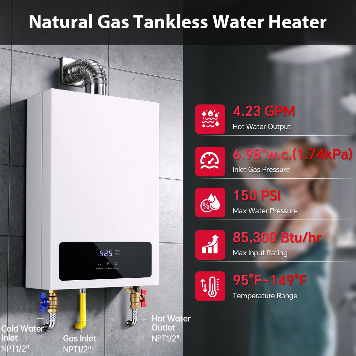 SNDOAS Tankless Water Heater,16L On Demand Water Heater Natural Gas, 4.23 GPM 85,300BTU Instant Hot Water, LED Display, Indoor Installation, 2-3 Point Use for Family Bathroom Kitchen,White