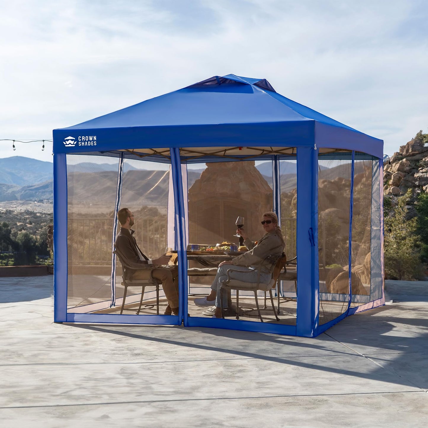 CROWN SHADES Gazebo 10x10 Pop Up Canopy with Mosquito Netting, Screen Tent with 4 Ropes, 8 Stakes, 4 Sandbags and Wheeled Storage Bag, Canopy for Patio & Backyard Parties,Camping&Events -(Blue)