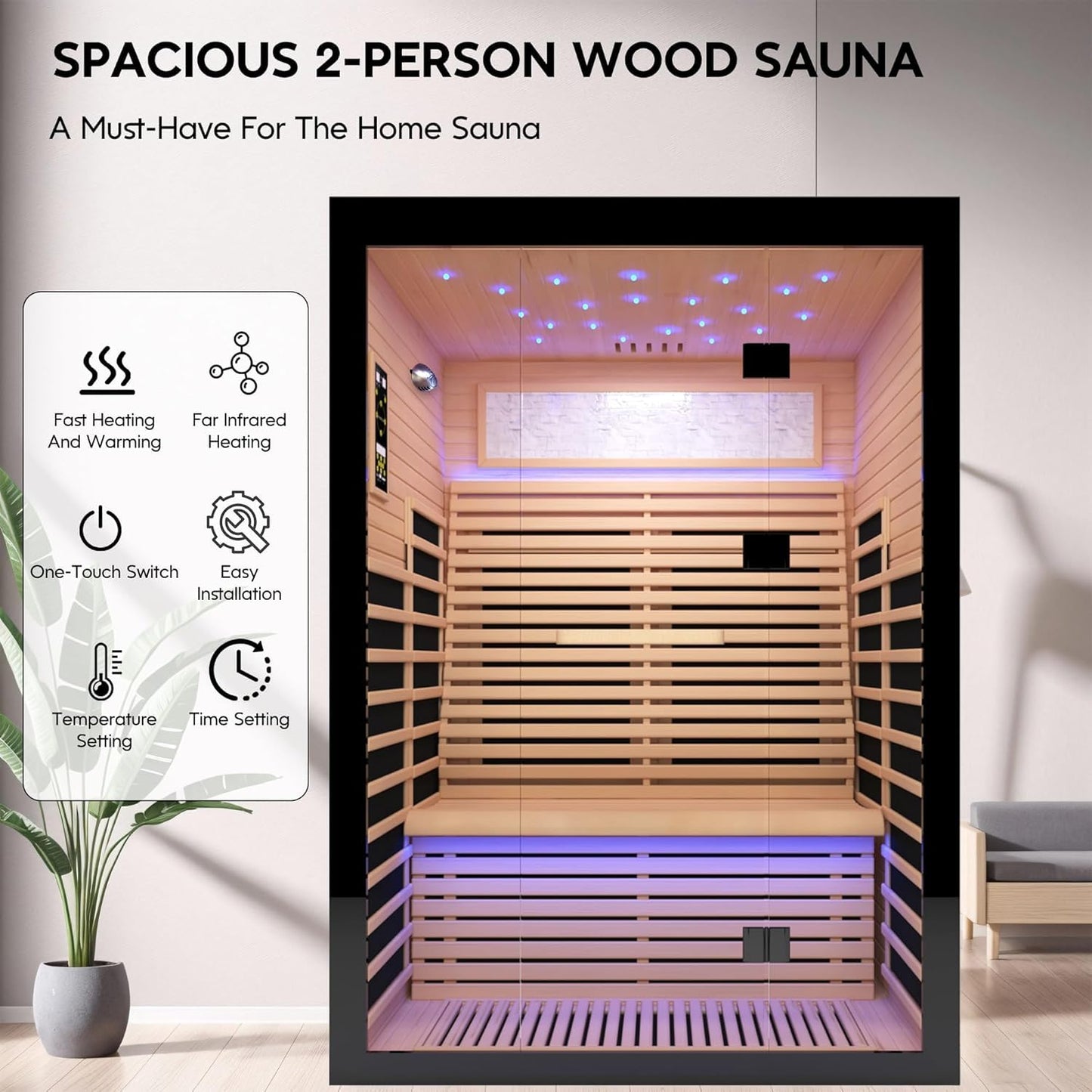 Infrared Sauna for 2 Person, Far Infrared Home Dry Sauna, Low EMF Canadian Hemlock Wood Sauna for Men Women Elder Indoor Use, Starry Starlight Ceiling, Fast Heating Easy Assembly 53.2×47.2×74.8"