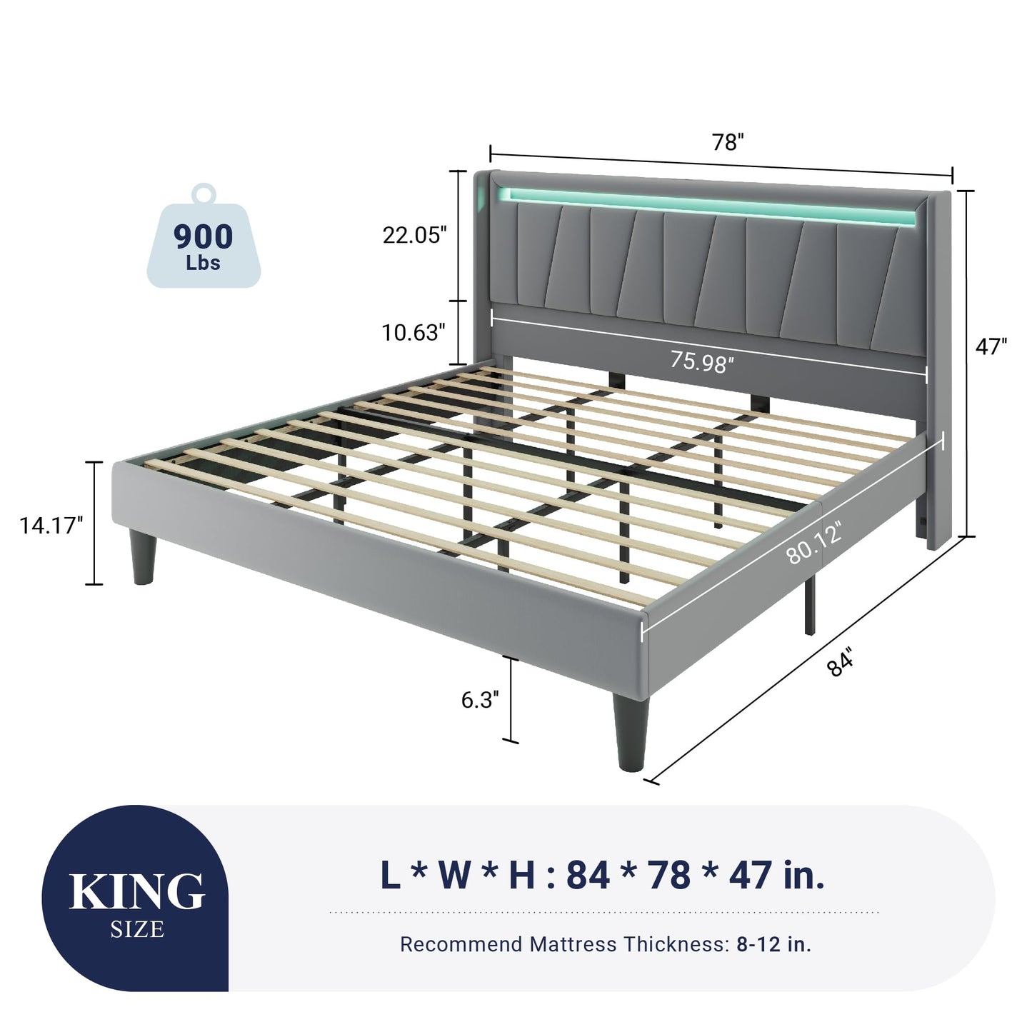Allewie King Size LED Bed Frame with Charging Station, Velvet Upholstered Platform Bed with Geometric Wingback Headboard, Modern Frame with No Box Spring Needed, Easy Assembly, Grey