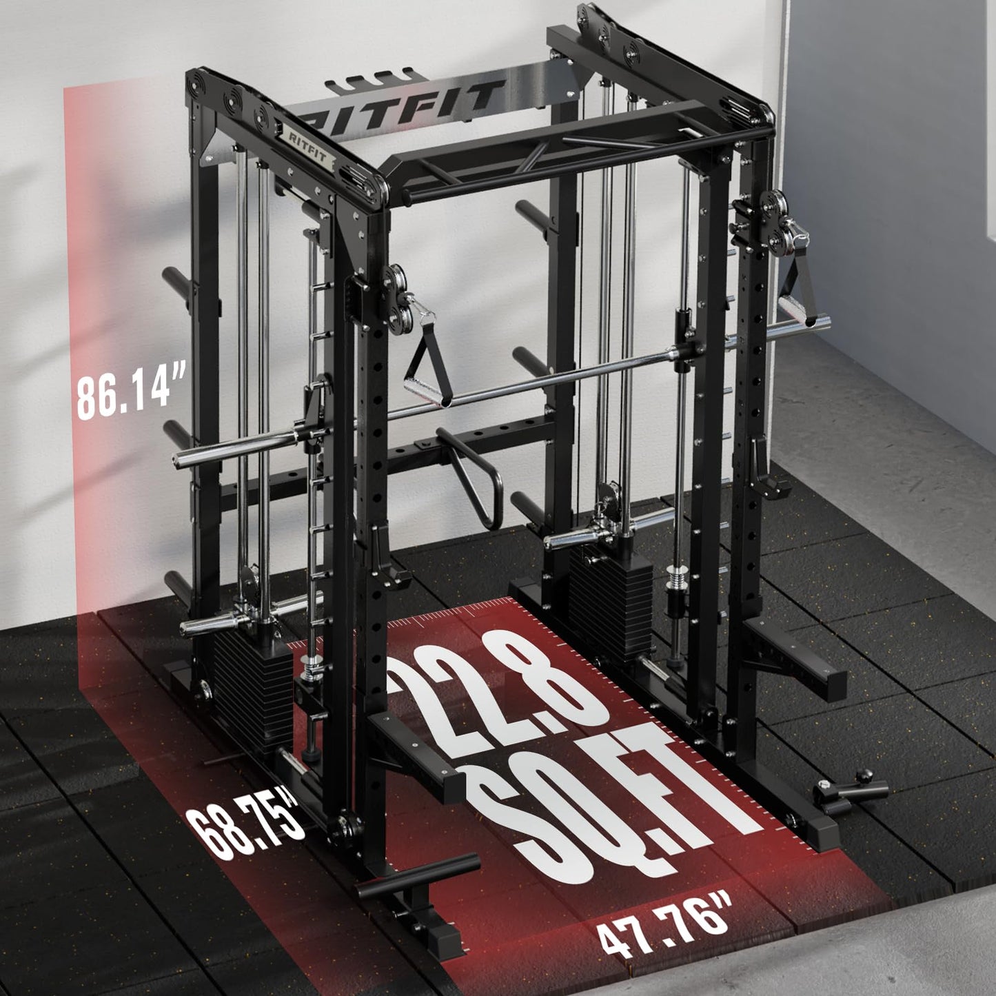 RitFit M2 Smith Machine with Cable Crossover System, 3D Functional Trainer & Power Cage, 16 Adjustment Holes, 6 Storage Pegs for Full-Body Home Gym(M2 PRO-3D Black)