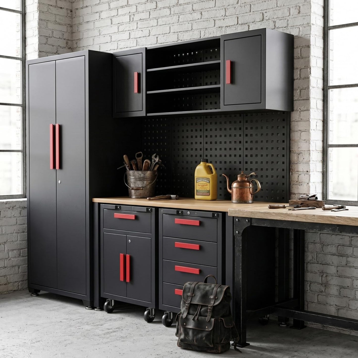 Tsnritor Garage Cabinets Storage System, 6Pack Workshop Set with Steel Cabinet Drawers, Rolling Chest, Workbench, Pegboard for Tool Organization,Red