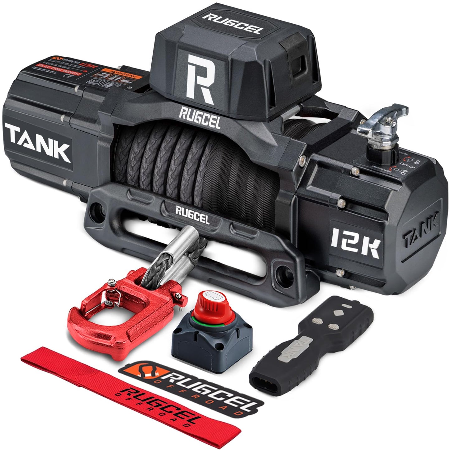 RUGCEL WINCH 12000lb New Waterproof Electric Synthetic Rope Winch 12V with Hawse Fairlead,2 IN 1 Infrared remote control,Wired control,Black Rope,for Truck SUV