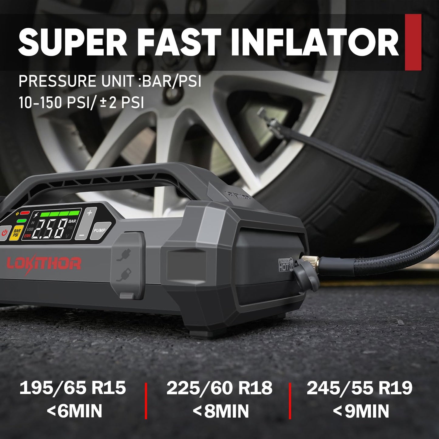 LOKITHOR JA301 Jump Starter with Air Compressor, 2000Amp 12V Portable Car Battery Booster Pack for Upto 8.0L Gas or 6.0L Diesel, 150 PSI Tire Inflator with Digital Screen, 30 Months Ultra-Long Standby
