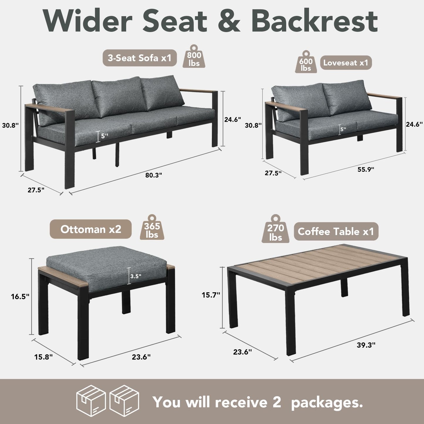 SAILARY Outdoor Patio Furniture Set 5 Pieces Luxury Aluminum Patio Conversation Set with Coffee Table and 2 Ottoman 7 Seats, Thick Cushions, Large Sectional Sofa for Porch, Balcony, Deck, Yard, Gray