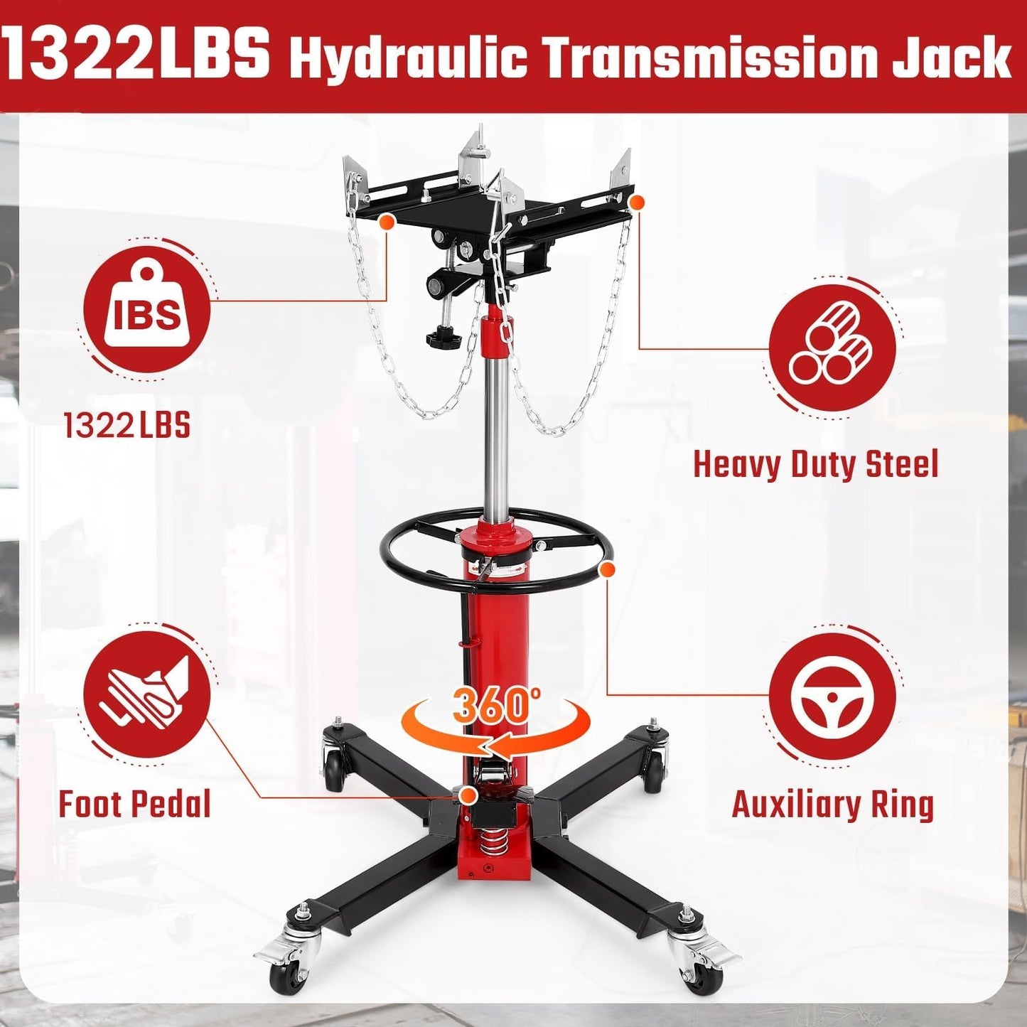 Transmission Jack 1322 LBS, Hydraulic Telescoping Stand with Foot Pedal & 360° Swivel Wheels, 34"-68" High Lift Transmission Jack for Car, Truck, SUV Repairs in Garage Workshop