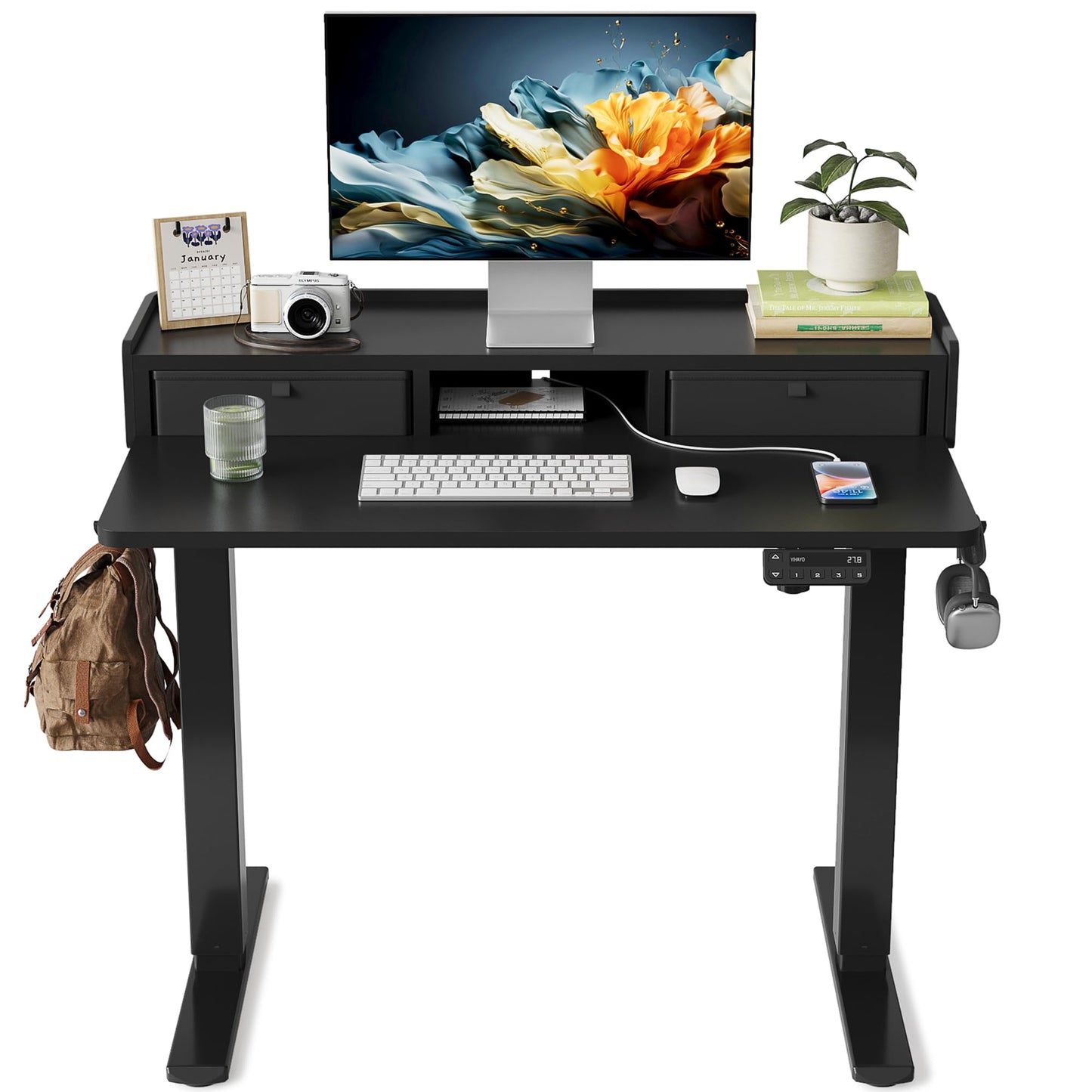 YIHAYO Electric Standing Desk with Drawers, 40 x 24 Inches Adjustable Desk with Storage Shelf, Stand Up Desk with Splice Board, Computer Desk for Home Office, Black Frame/Black Top