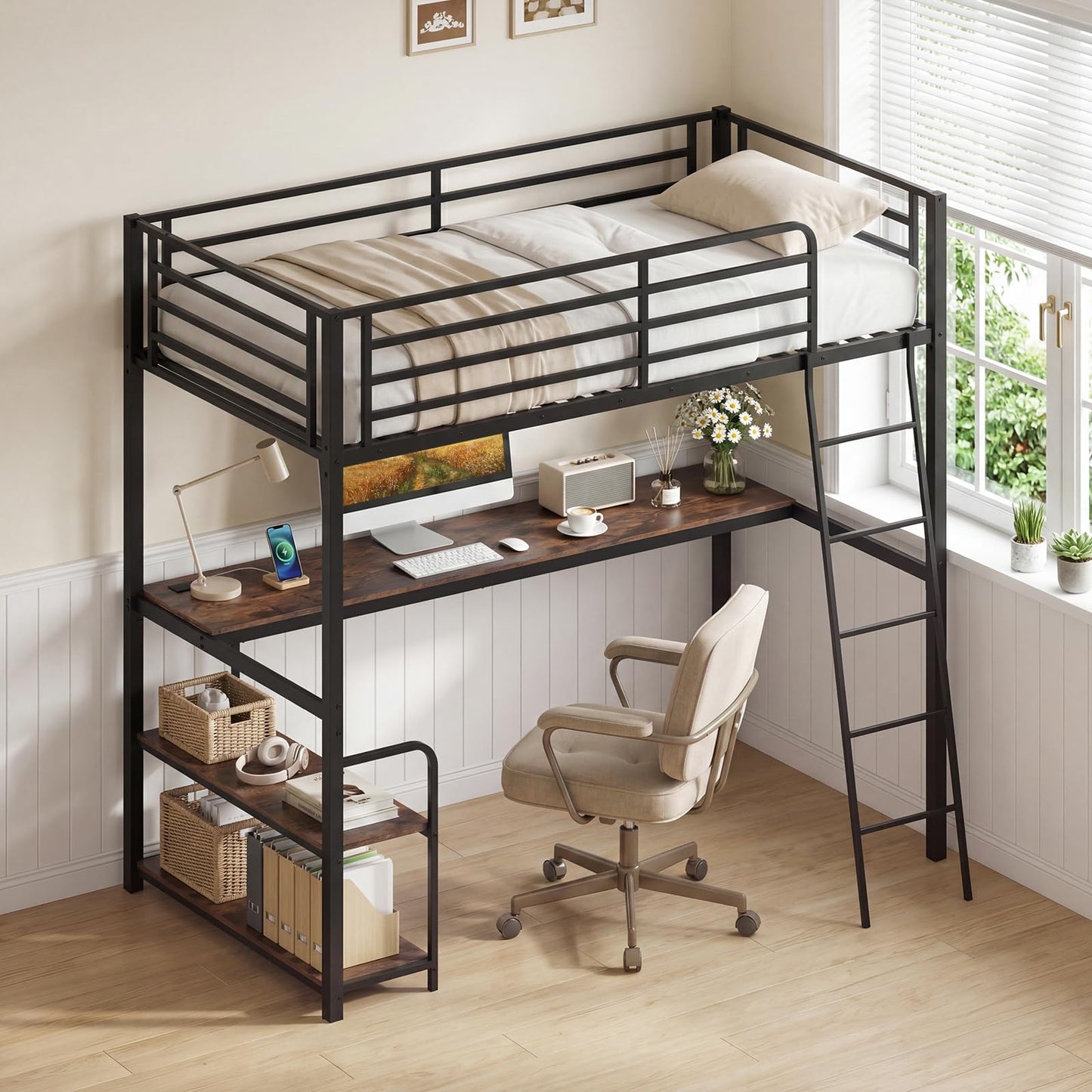 KOMFOTT Twin Loft Bed with Desk & Shelves, Heavy Duty Metal Bed Frame with Charging Station, Inclined Ladder & Guardrails, Space-Saving Metal Loft Bed for Kids, Teens, Adults, No Box Spring Needed