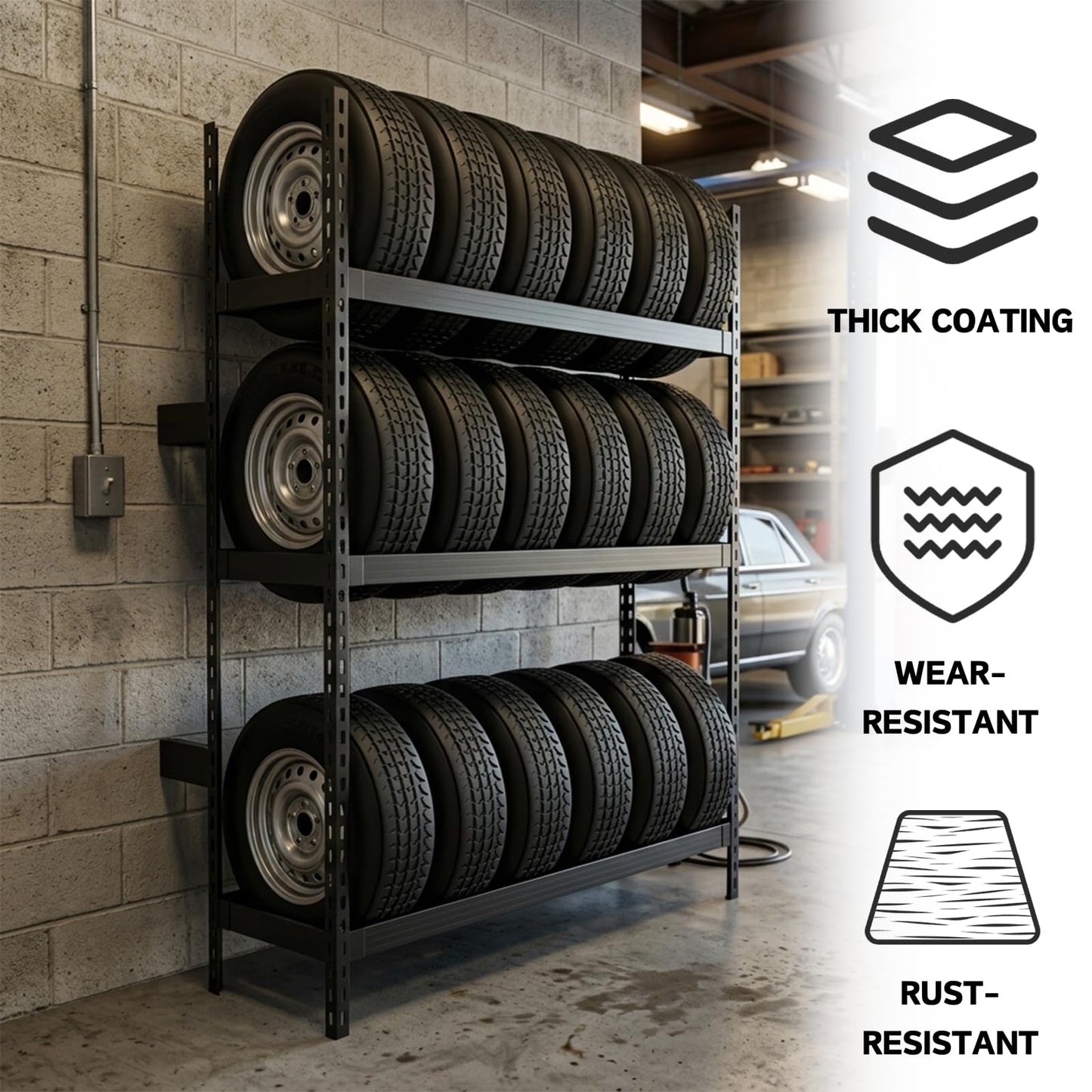 ZUIWAN Wall Mounted 3-Tier Tire Rack, 78" L x 59" H x 18" D Heavy Duty Adjustable Steel Storage Shelf, 2200LBS Capacity with Anti-Tip Kit