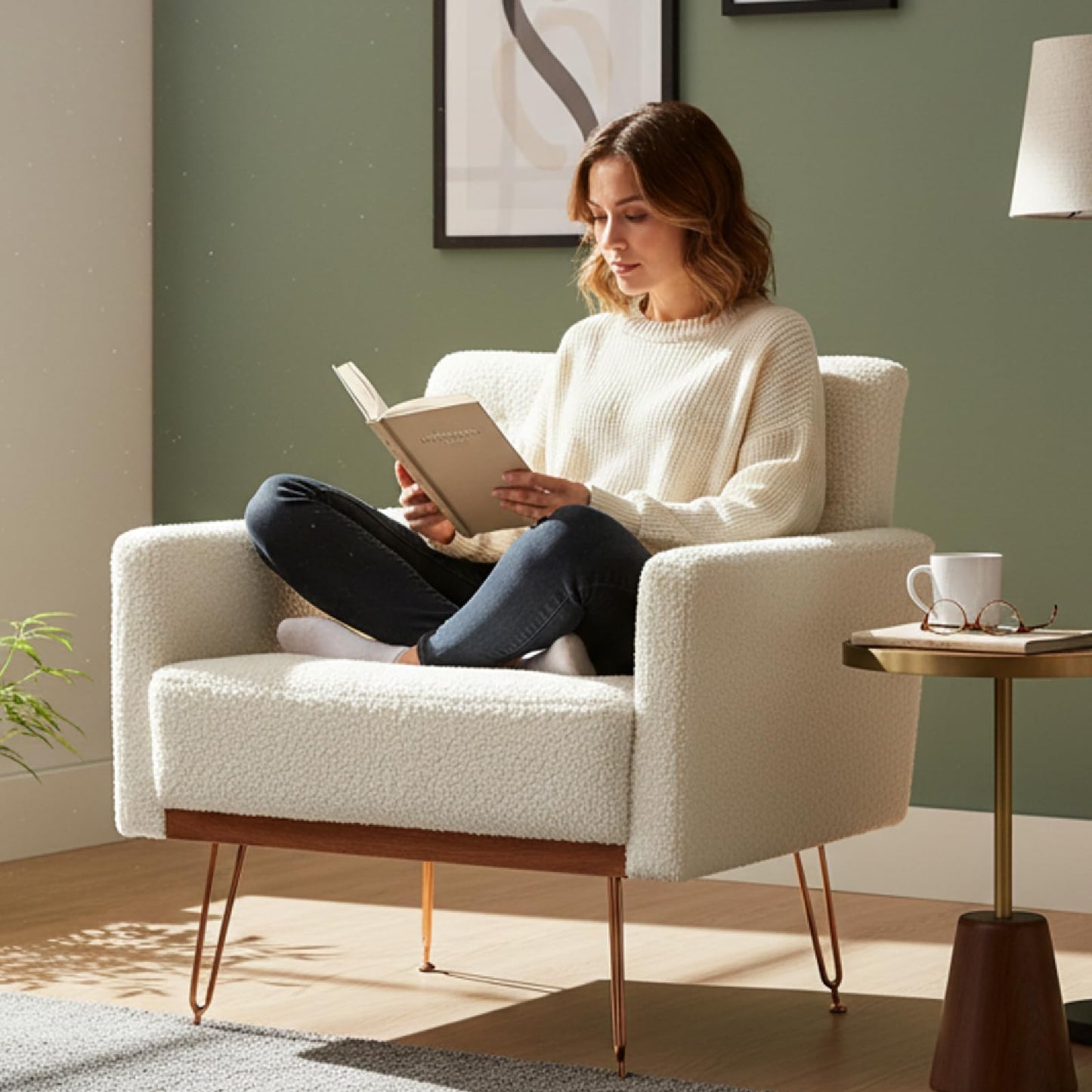 KEIKI Small Teddy Accent Chair, 31 Inch Modern Tufted Upholstered Armchair with Metal Leg, Comfortable Single Sofa Side Reading Chairs, Comfy Arm Chair for Bedroom Living Room, Easy Assembly, White