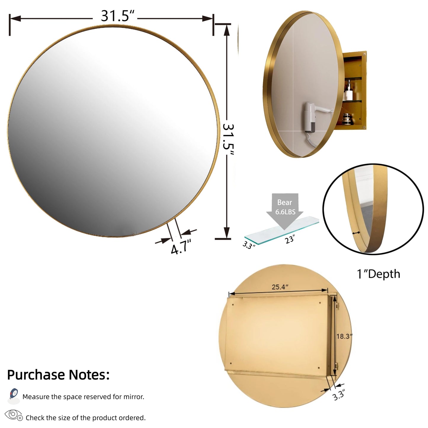 ApilithHive 31.5 Inch Round Gold Metal Framed Medicine Cabinet with Mirror, Adjustable Tempered Glass Shelves, Surface Mount, Modern Bathroom Wall Storage