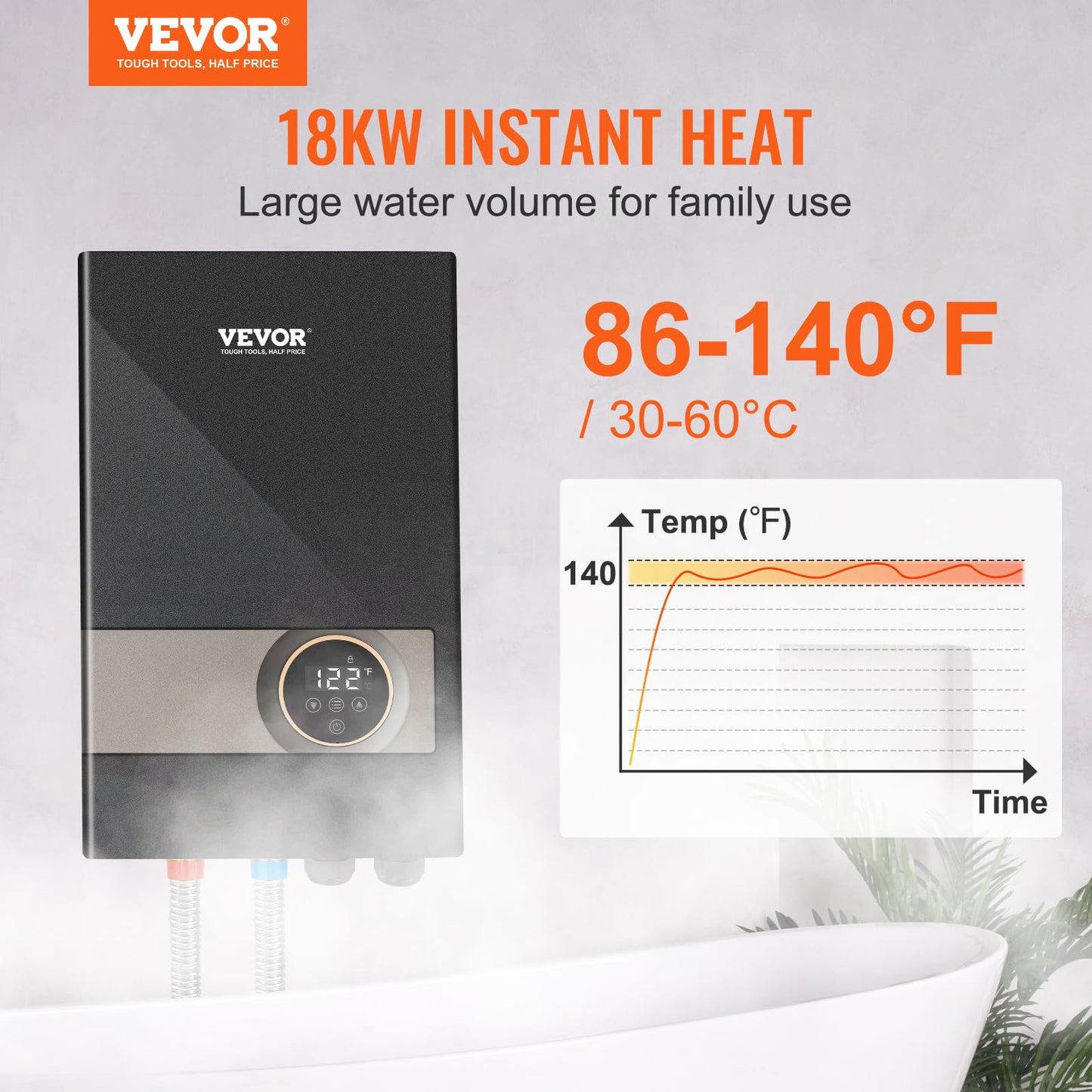 VEVOR Tankless Water Heater Electric, 18KW 240V Black Instant Water Heater, LCD Touch Screen, Digital Temperature Display, Child Security Lock, On Demand for Bathroom, Kitchen, Shower, Mall, Salon