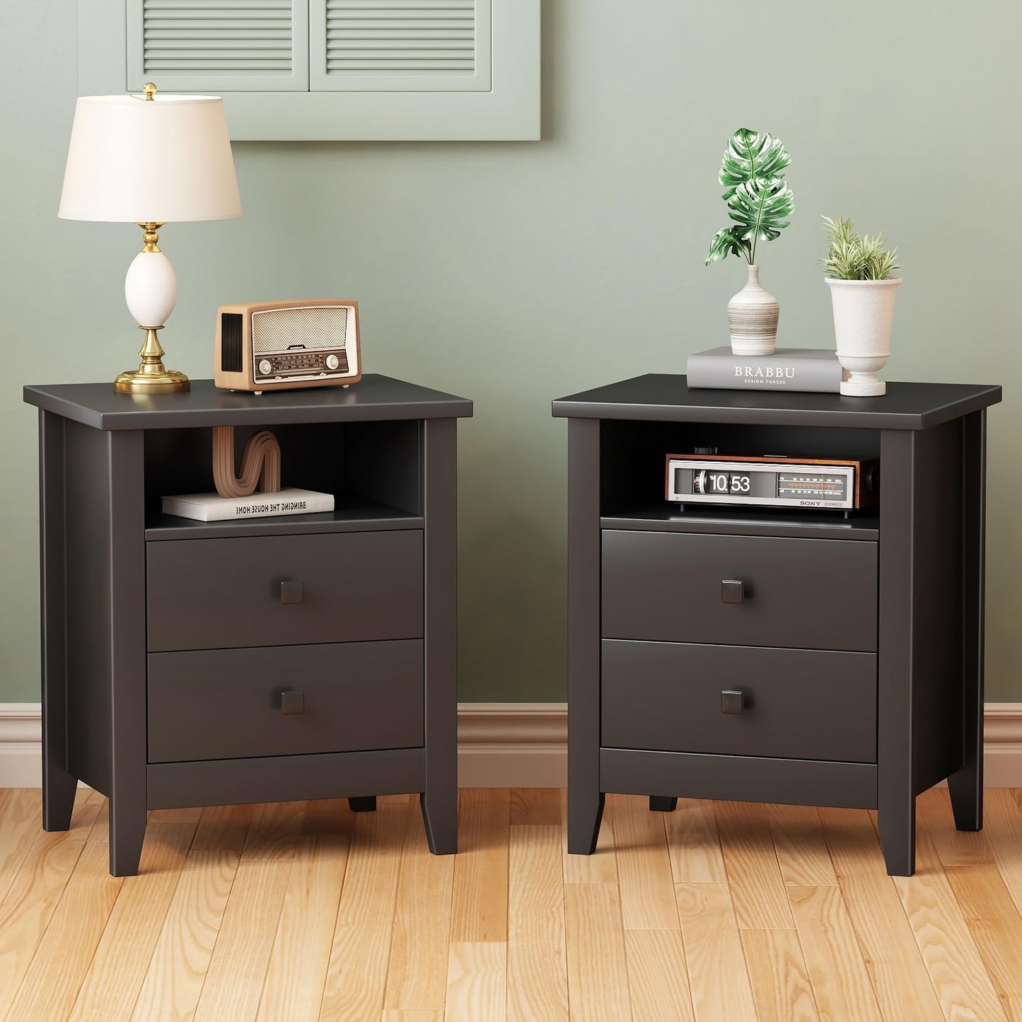 JSB Farmhouse Nightstand Set of 2, Night Stand with 2 Drawers,Open Shelf, End Table/Bed Side/Side Table for Bedroom, Kids Room, Living Room (Black, 18.7" W x 15" D x 23.8" H (2 Drawers))