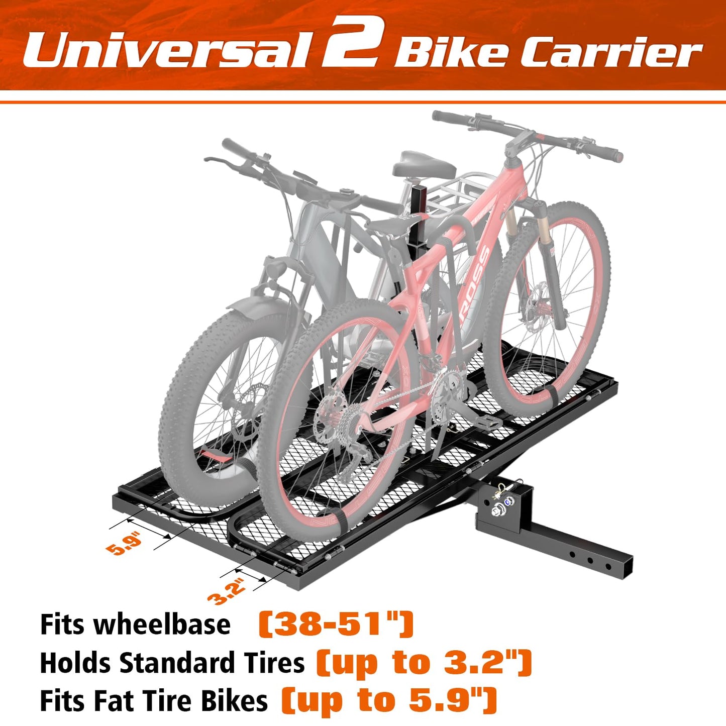 Wildroad Hitch Cargo Carrier with Bike Rack 60" x 24" x 14" Folding Trailer Hitch Cargo Carrier 500 LBS Capacity for Standard, Fat Tire and Electric Bike Fits 2" Receiver 60" Basket+Bike Rack