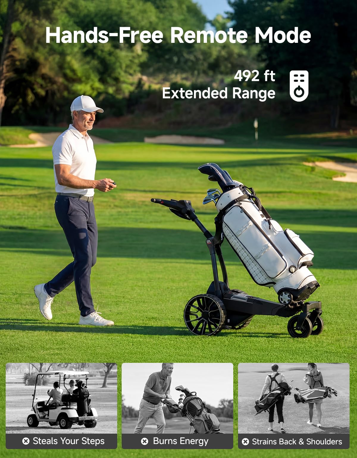 KEMIMOTO ApexR Electric Golf Cart with Power Assist Mode, 492FT Remote Control, Dual 240W Motor 36 Hole Battery, IPX5 Water Resistant Compact Folding Golf Caddy w/ USB-C, Drink & Umbrella Holder
