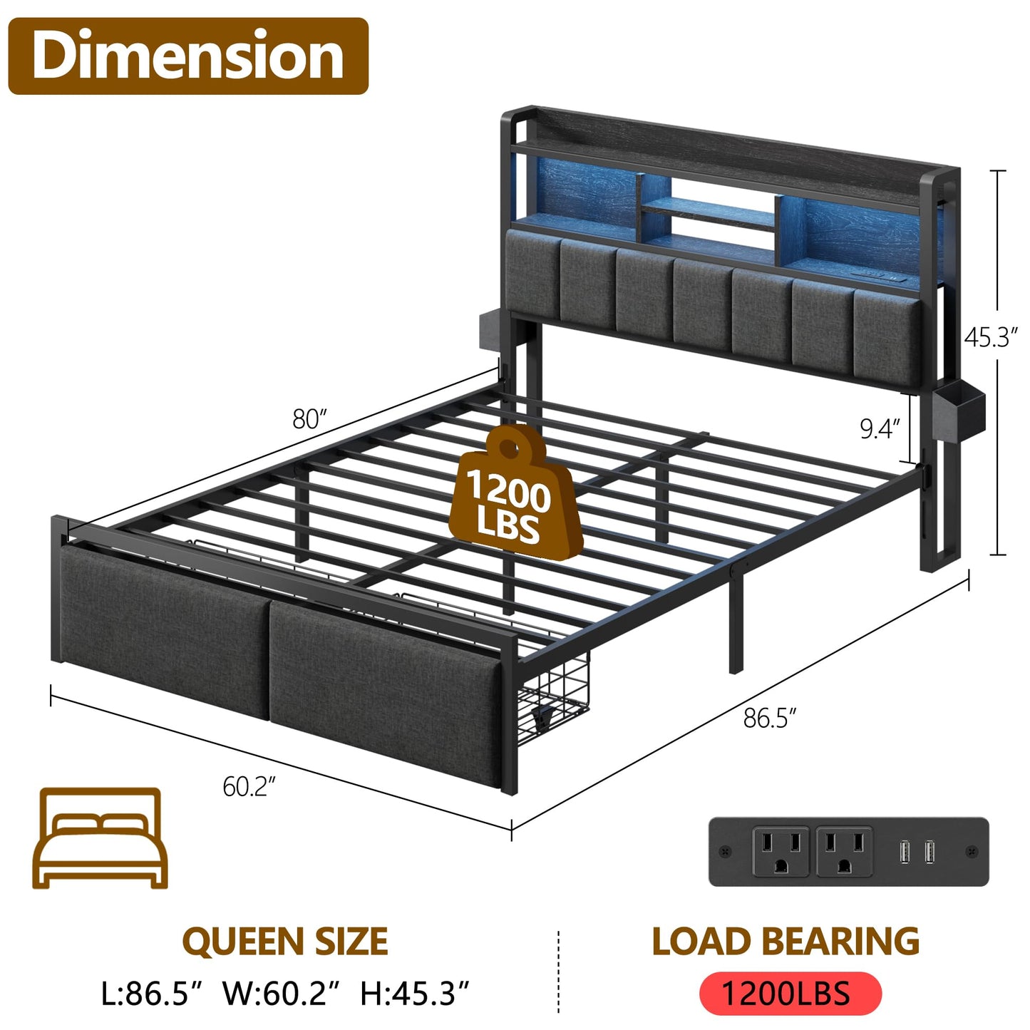 Furnulem Queen Bed Frame with Storage Drawers, Upholstered Headboard with LED Light & Charging Station, Metal Platform Bed Frame Queen Size, Noise Free, No Box Spring Needed, Black (1200 lbs Capacity)
