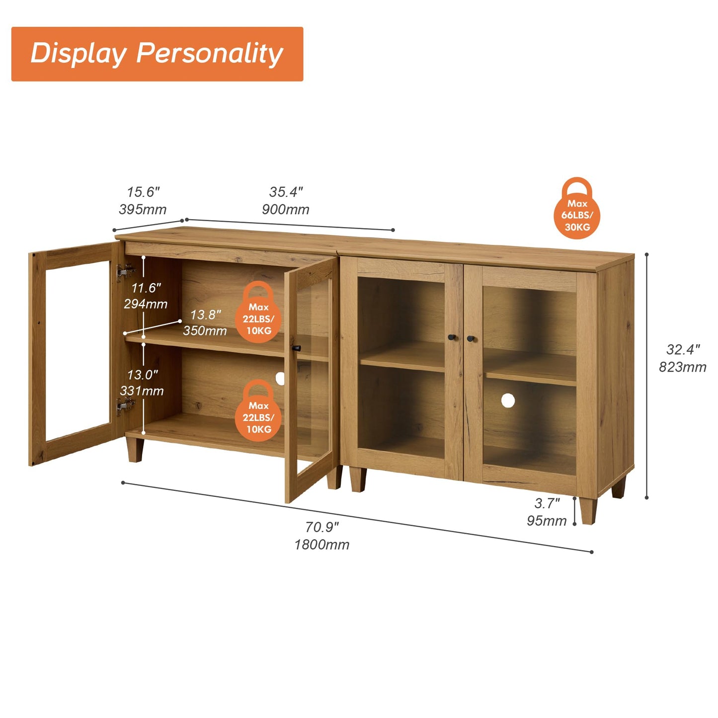 WAMPAT TV Stand for 75+ Inch TV, Media Console w/Glass Doors, Oak Brown