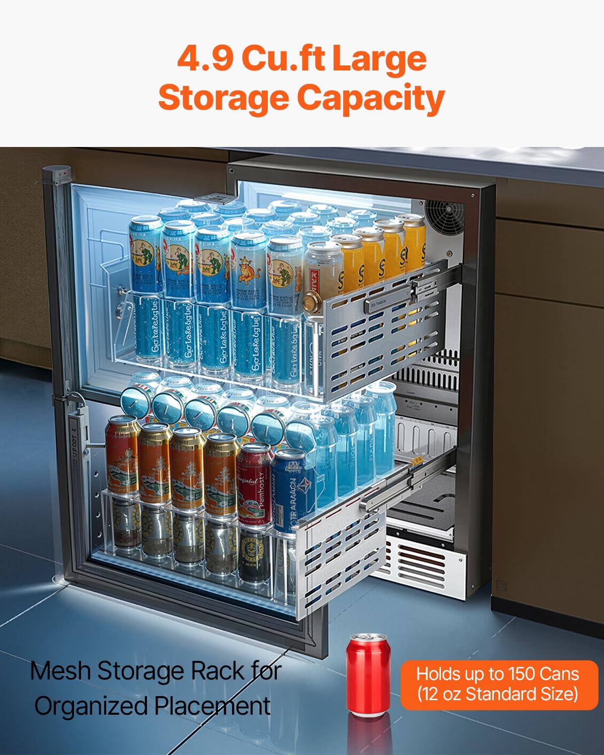 VEVOR 24 Inch Under Counter Drawer Refrigerator, Stainless Steel Dual Drawer Fridge with Temperature Control, Outdoor Refrigerator with Powerful Compressor & LED Display, Fit for Home, Office, etc.