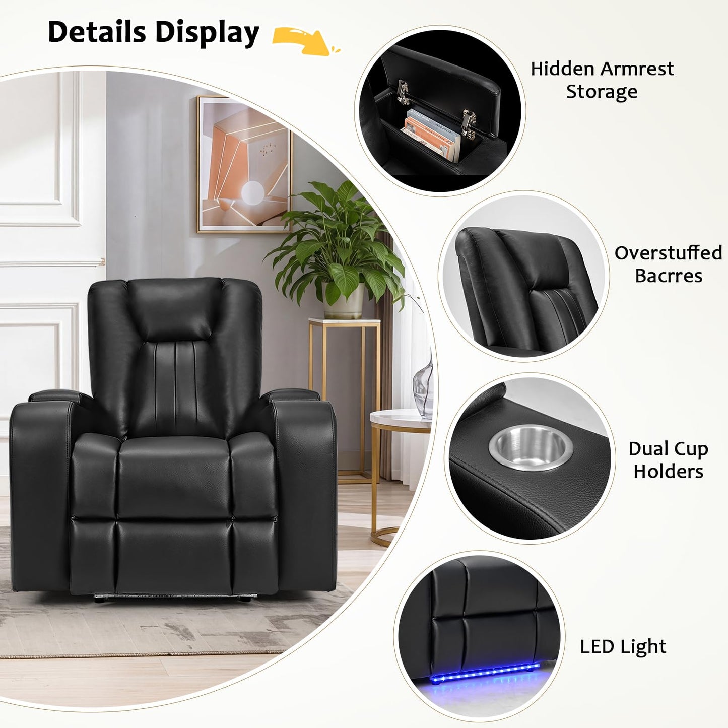 ANJ Home Theater Seating Power Recliner Chair with Hidden Arm Storage, Faux Leather Recliners with LED Light, Electric Movie Reclining Sofa with USB Ports & Cup Holders for Media Living Room, Black
