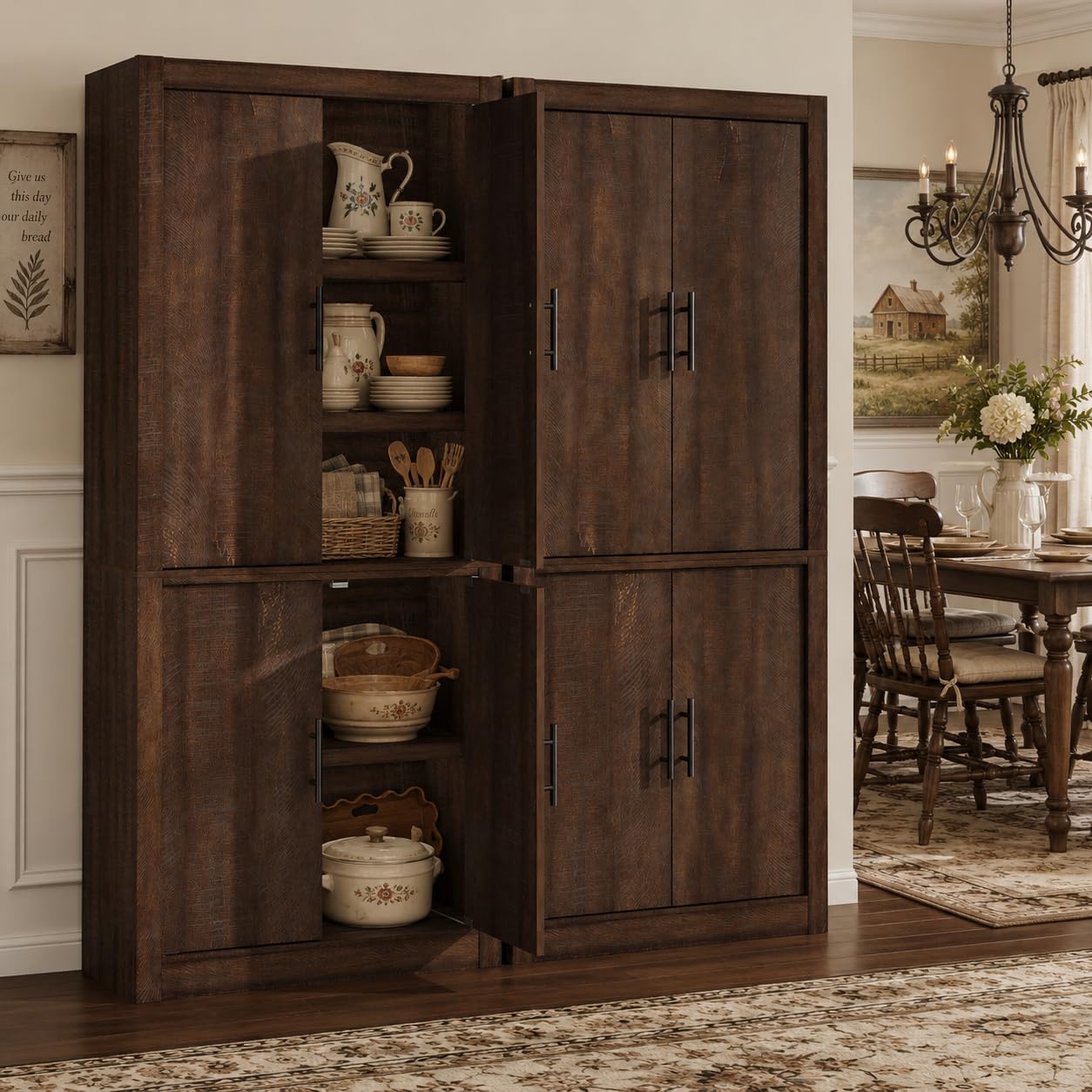 Garvee Tall Farmhouse Pantry Cabinet with Adjustable Shelves, 70.4" Kitchen Storage Cupboard with 4 Doors, Freestanding Microwave Stand and Food Organizer, Dining Area, Rustic Brown