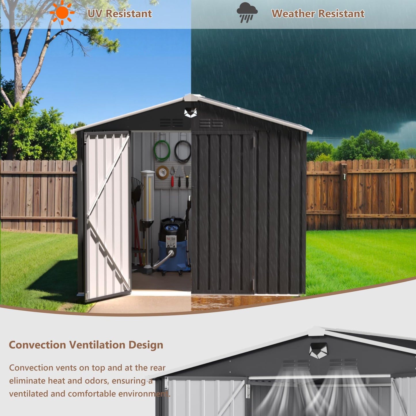 Benass 8x6 FT Outdoor Storage Shed, Metal Garden Shed - Tool Storage Sheds with Lockable Doors & 1 Clear Window, Waterproof Outside Storage Building for Backyard, Patio (Black; Floor Not Included)