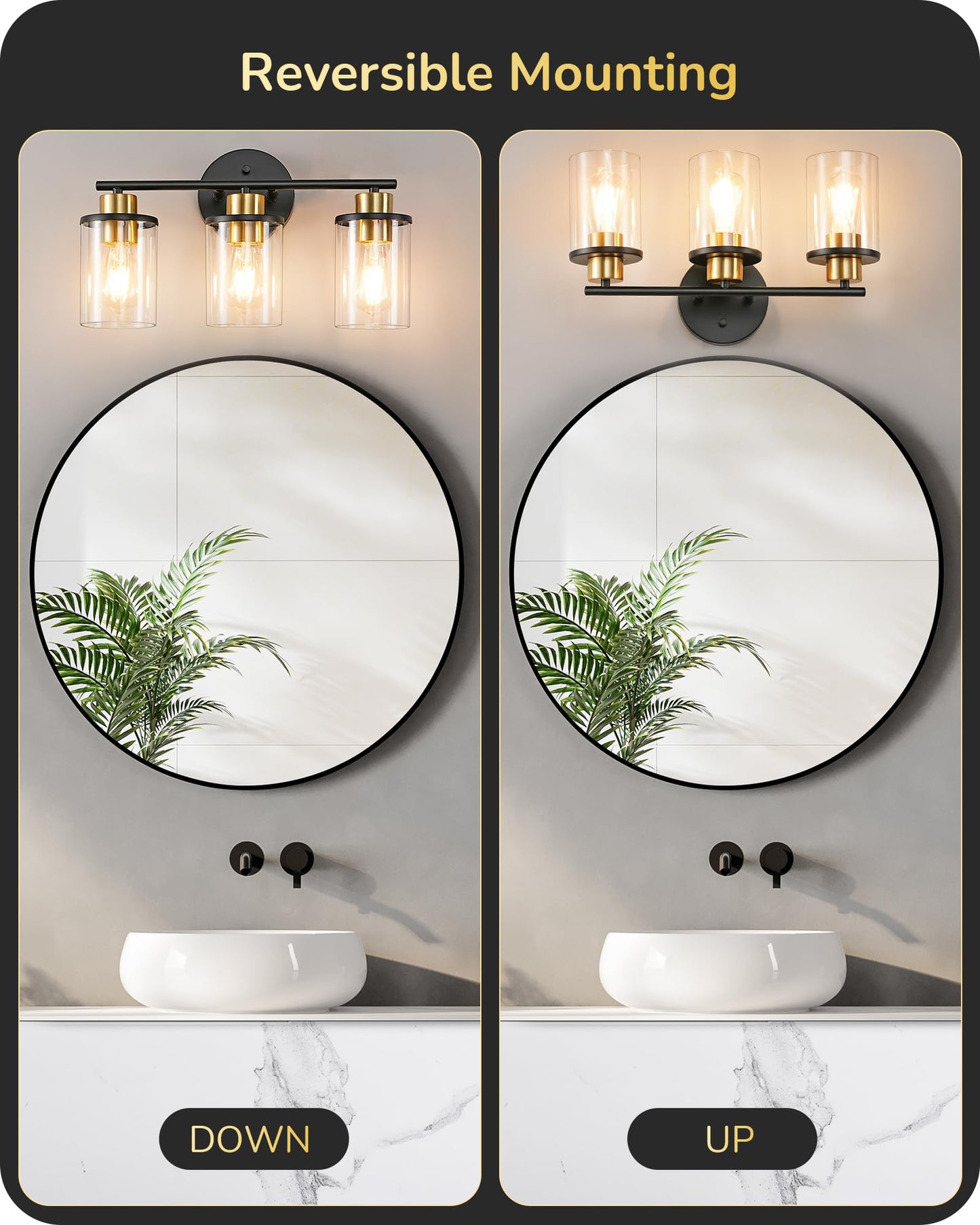 EDISHINE 3-Light Bathroom Vanity Light Fixture, Metal, Black and Gold, Model HHVL04H, Clear Glass Shade