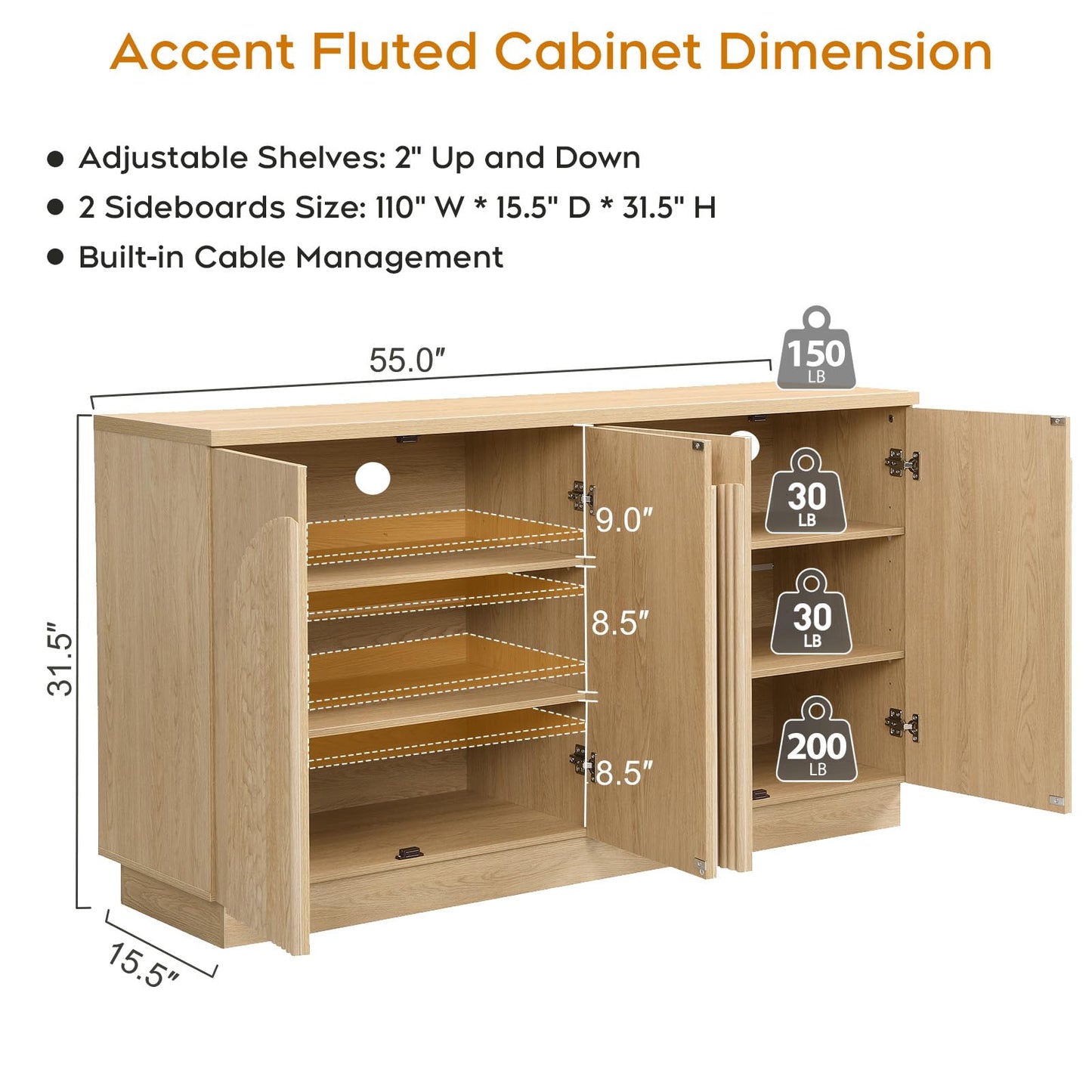 Yechen 55" Fluted Sideboard Buffet Cabinet with Storage, Wood Mid Century Modern Credenza Cabinet w/Arched Reeded Doors & Adjustable Shelves for Kitchen, Living Room, Entryway, Natural