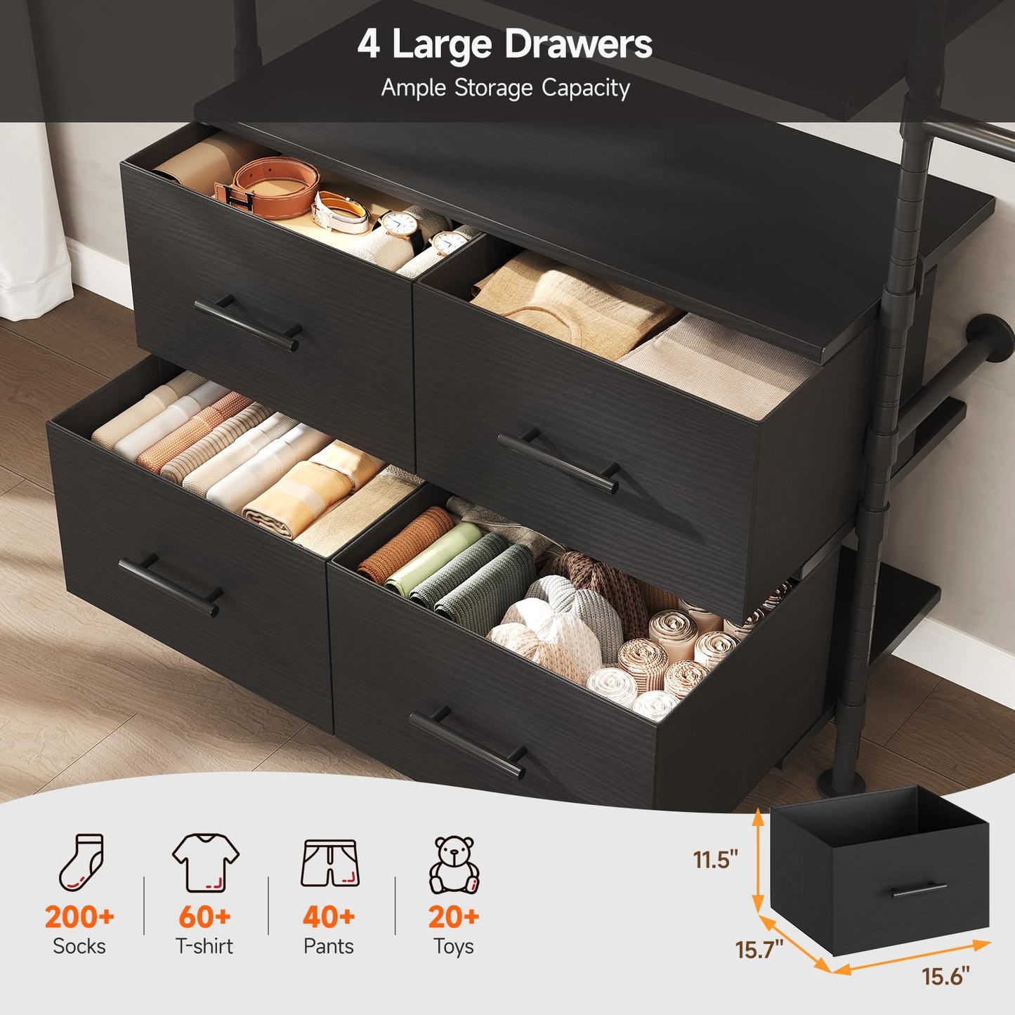 T3 Closet System with Stepless Dimmable LED Light, Industrial Pipe Clothing Rack with 4 Drawers, 6 Wooden Shelves & 4 Telescopic Rods, Heavy Duty Closet Organizers in Wardrobe Closet (Black)