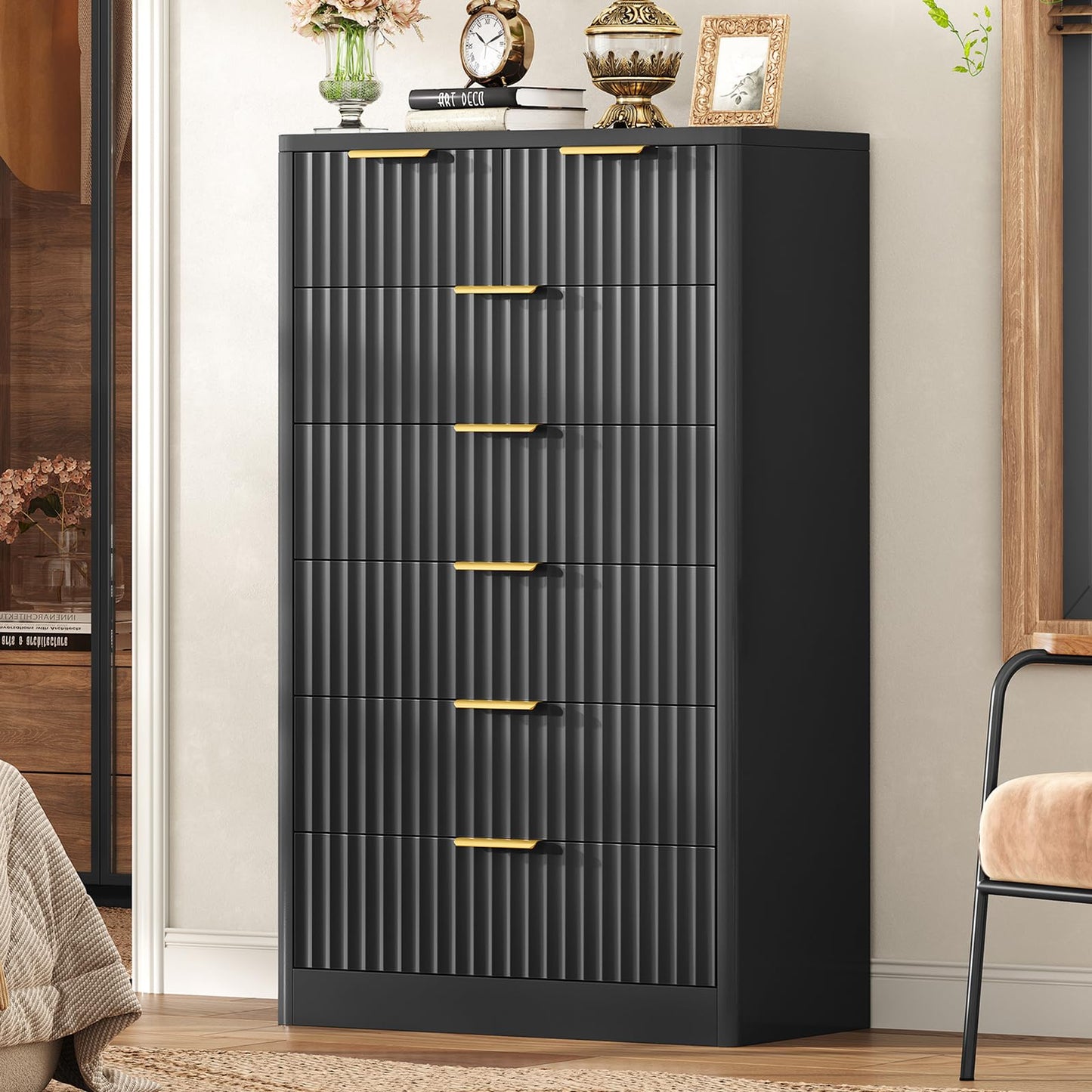 TEENOFN Fluted Dresser for Bedroom with 7 Drawers, 48" Tall Modern Chest of Drawers with Metal Handle, Wooden Dresser TV Stand, Wood Closet Clothes Storage Organizer for Living Room, Hallway, Black